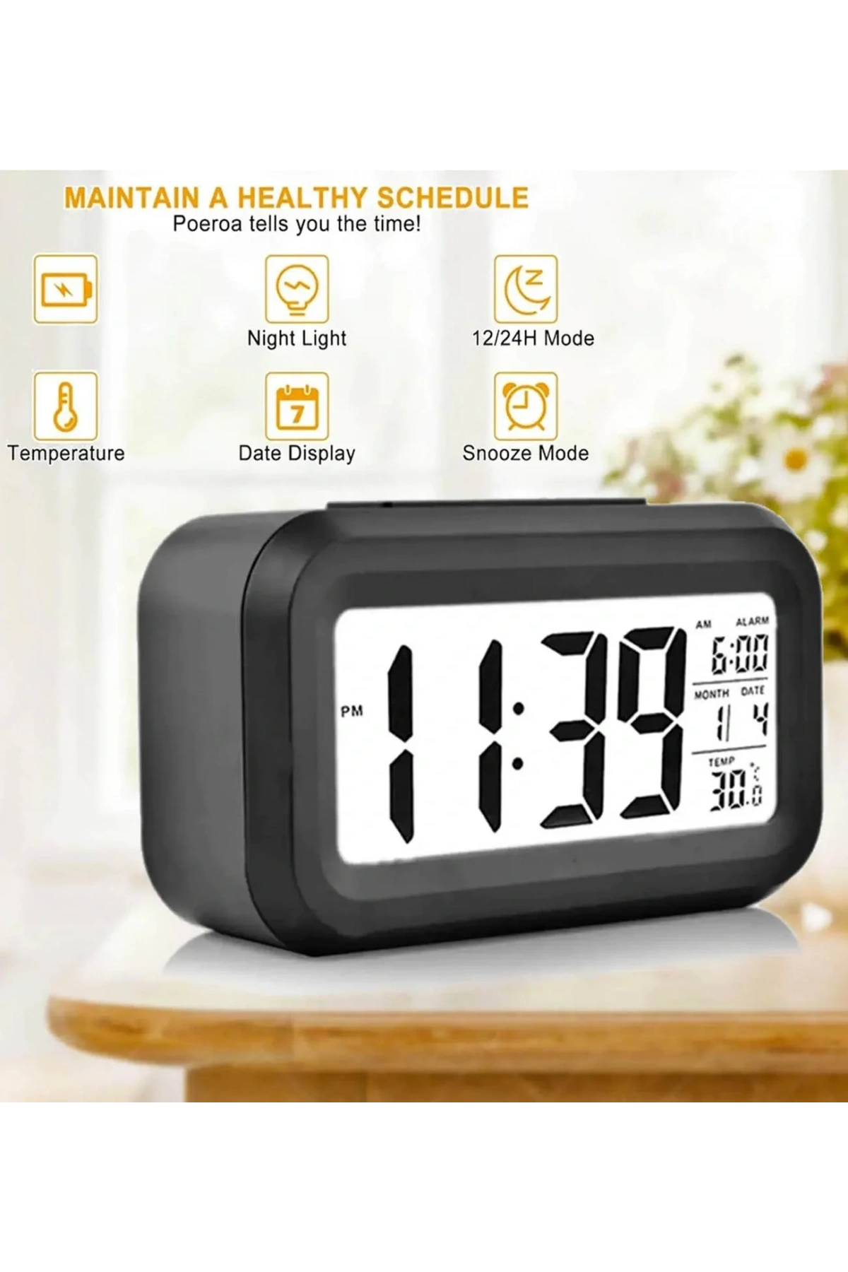 Masaüstü Saat Takvim Termometre Beyaz Siyah (5047)