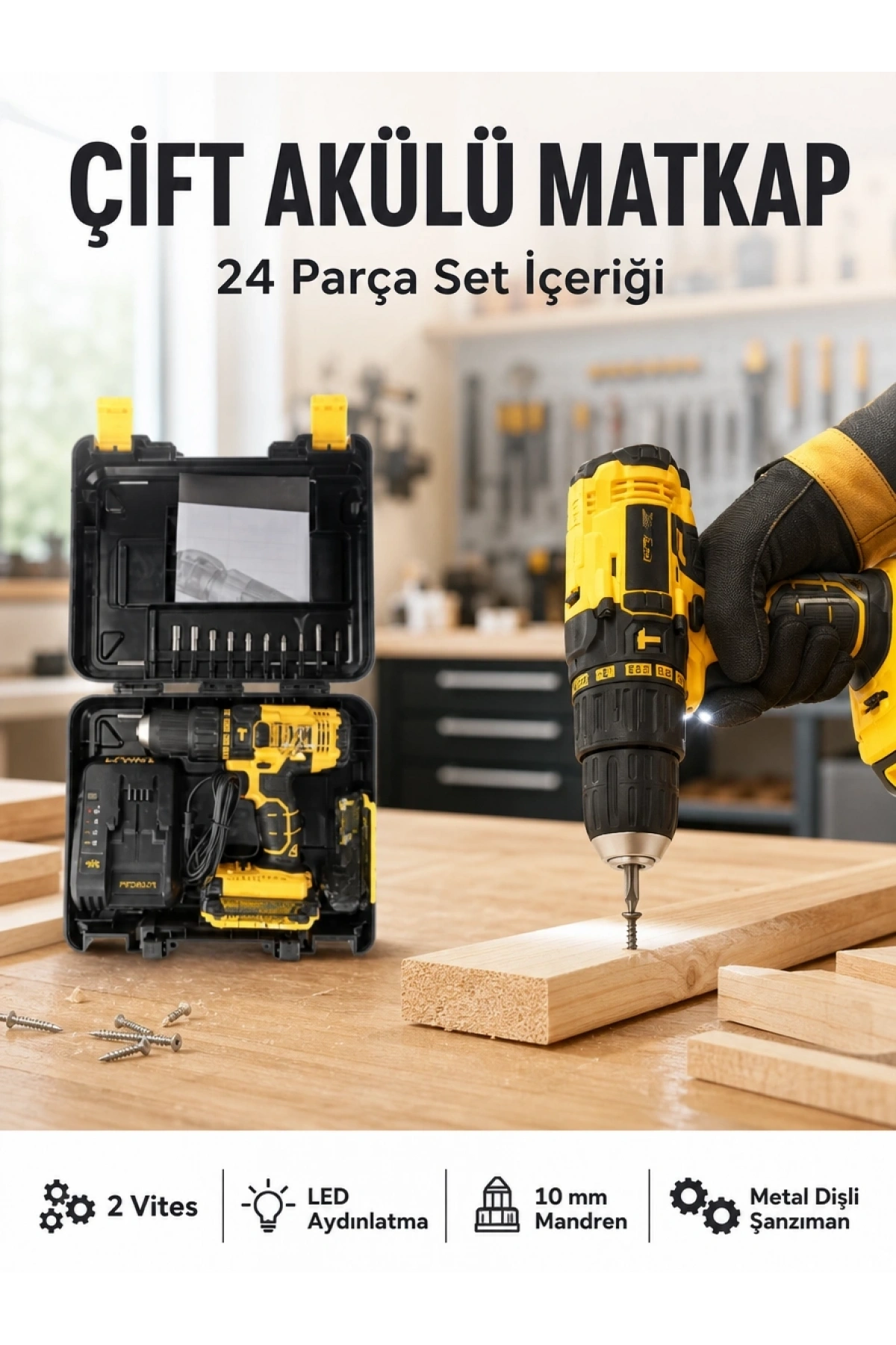 Matkap Seti 24 Parça Çift Bataryalı Darbeli Led Işıklı Vidalama Yeni Nesil