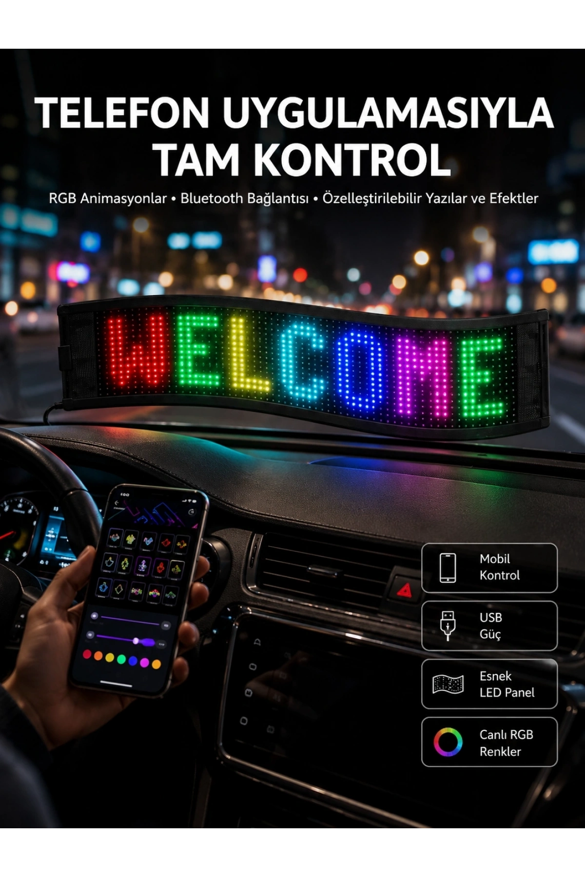 Matrix Led Cama Yapışan Telefon Kontrollü Panel Dijital Ekran Kumandalı