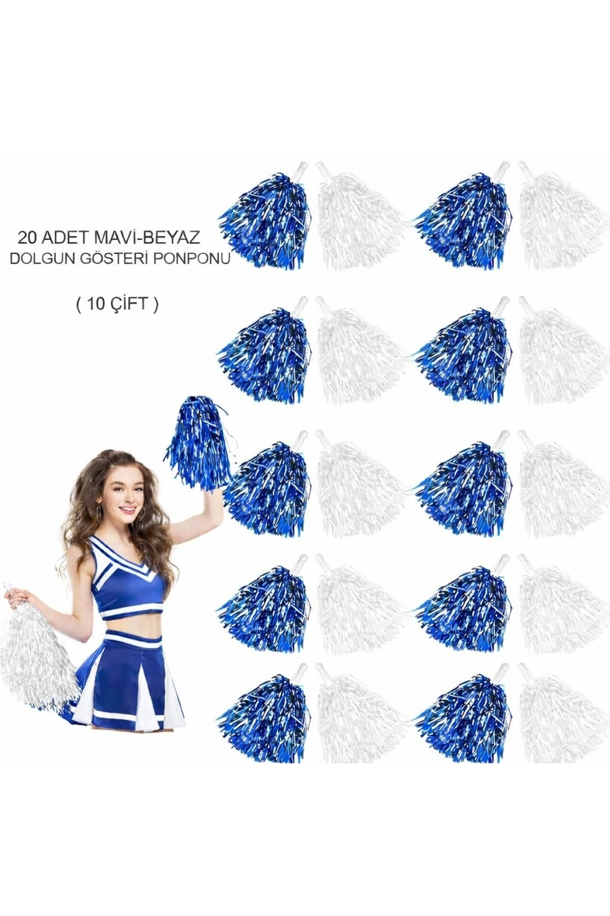Mavi Beyaz Metalik Dolgun Gösteri Ponponu 20 Adet (10 Çift) (5047)