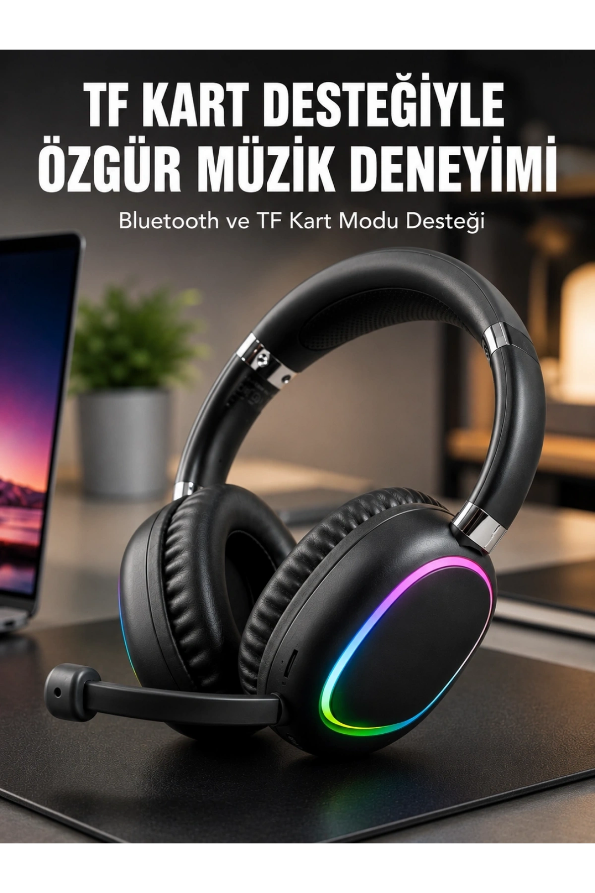 Mikrofonlu Bluetooth Kulak Üstü Kulaklık RGB Aydınlatmalı Type-C Şarjlı