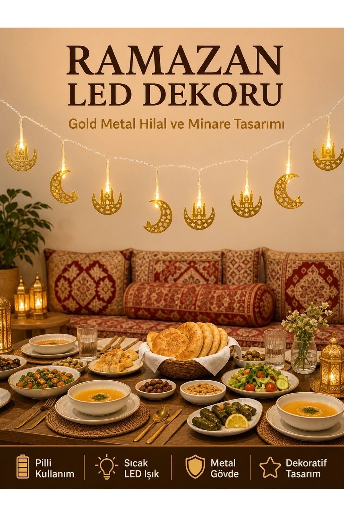 Minareli Hilal LED Işık Gold Metal Gövdeli Pilli Ramazan Dekoru
