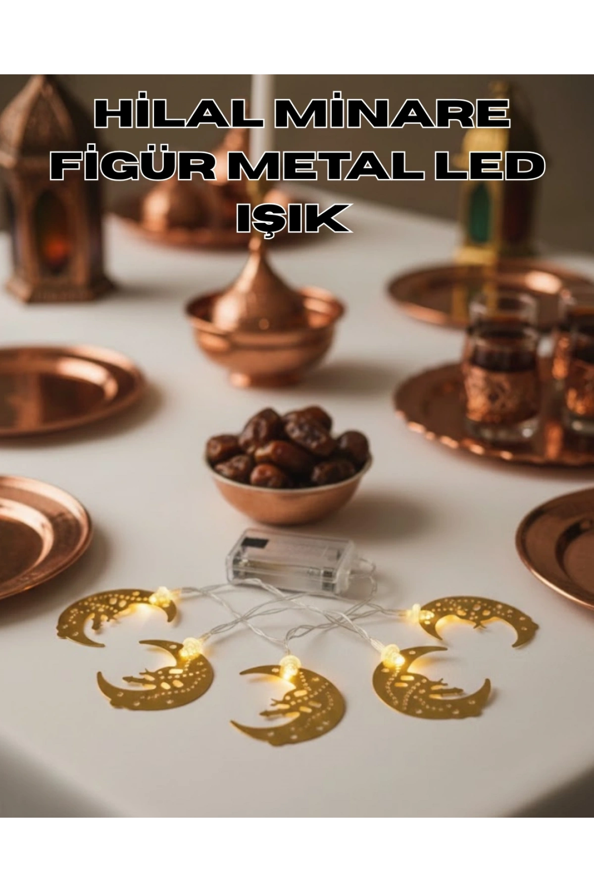 Minareli Hilal LED Işık Gold Metal Gövdeli Pilli Ramazan Dekoru