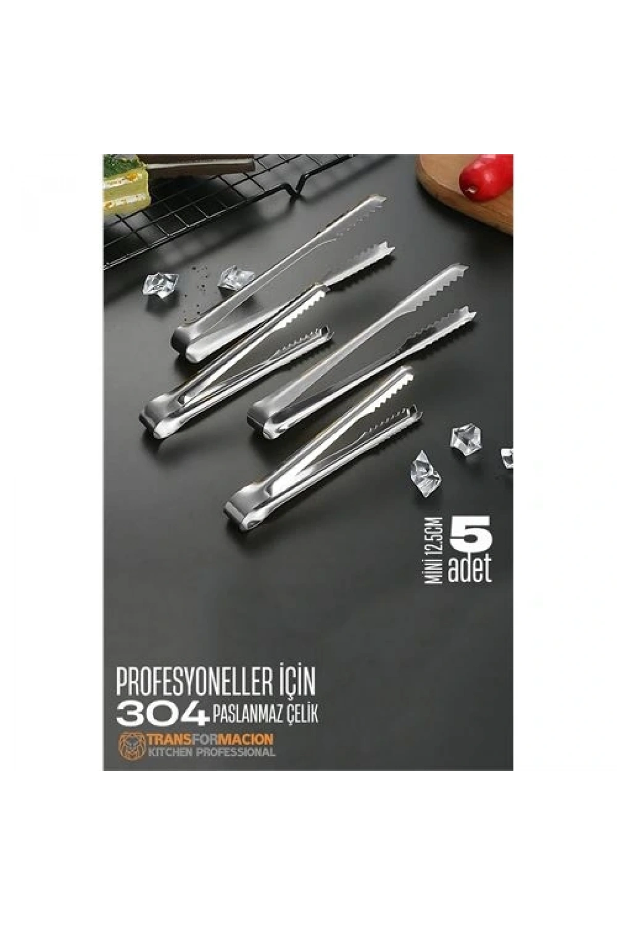 Mini 12.5 cm Buz Maşası - Şeker Limon Maşası Kokteyl Servis Maşası 5 li PAKET 304 Paslanmaz Çelik