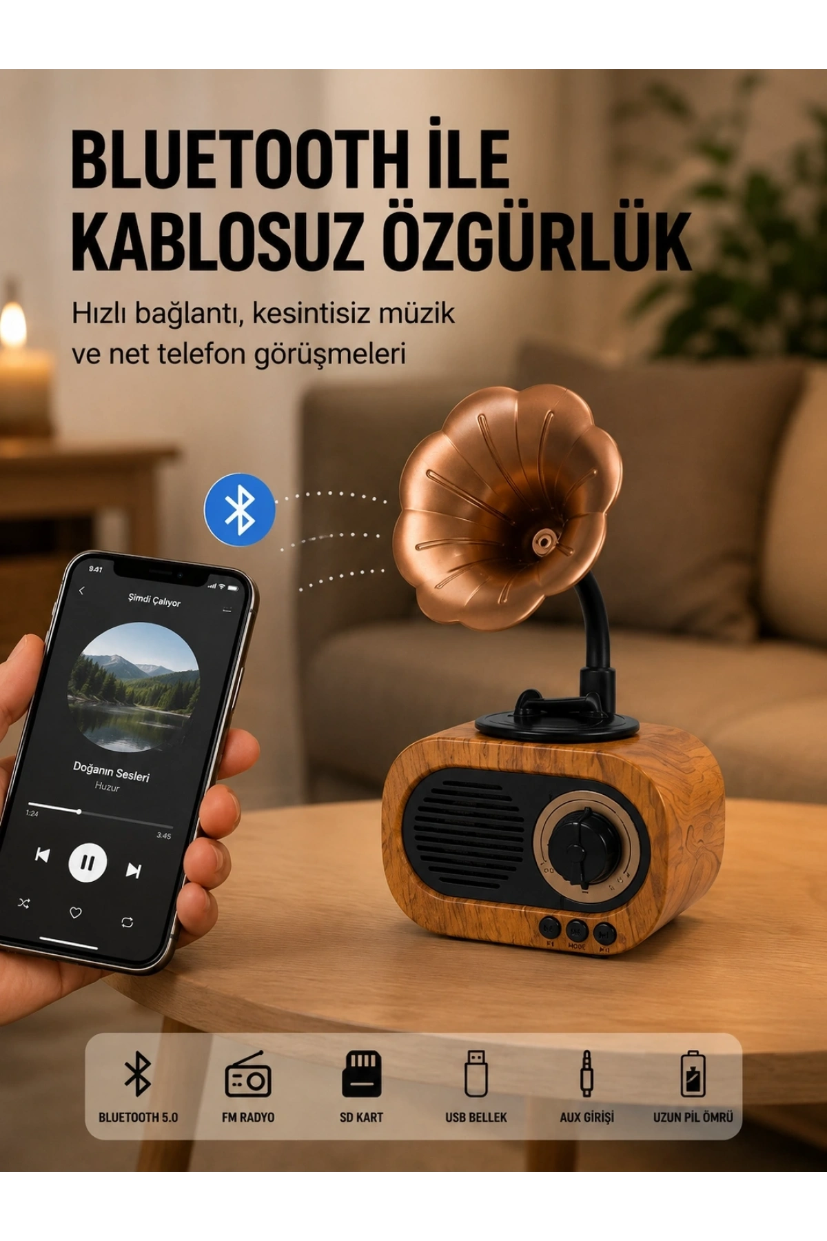 Mini Nostaljik Bluetooth Hoparlör FM Radyo 8 Saat Batarya