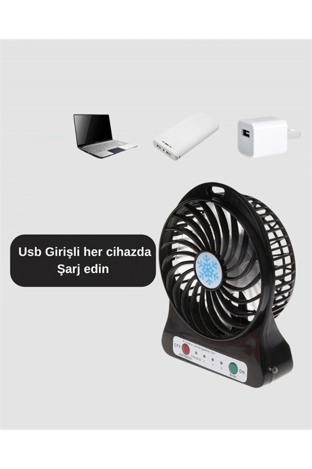 Mini Vantilatör Masaüstü – USB Girişli, Şarjlı, 3 Kademe, Sessiz Motor, Işıklı