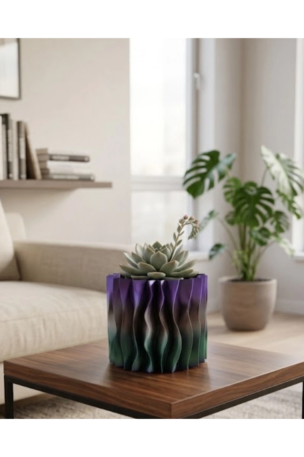 Modern Dalgalı Tasarımlı Mor 3D Dekoratif Vazo Ev Ofis Dekoru