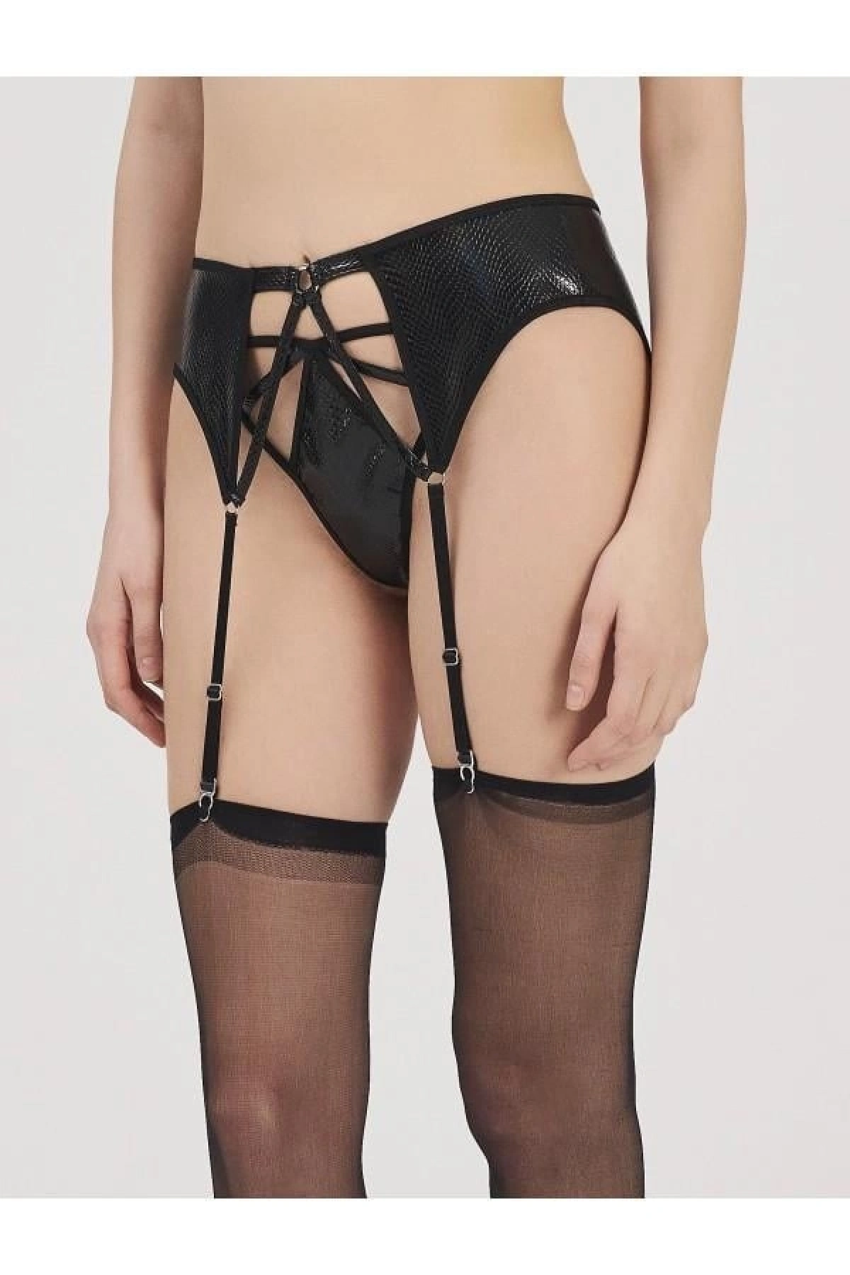 Moonlight 3219 Siyah Deri Görünümlü Jartiyer String Takımı