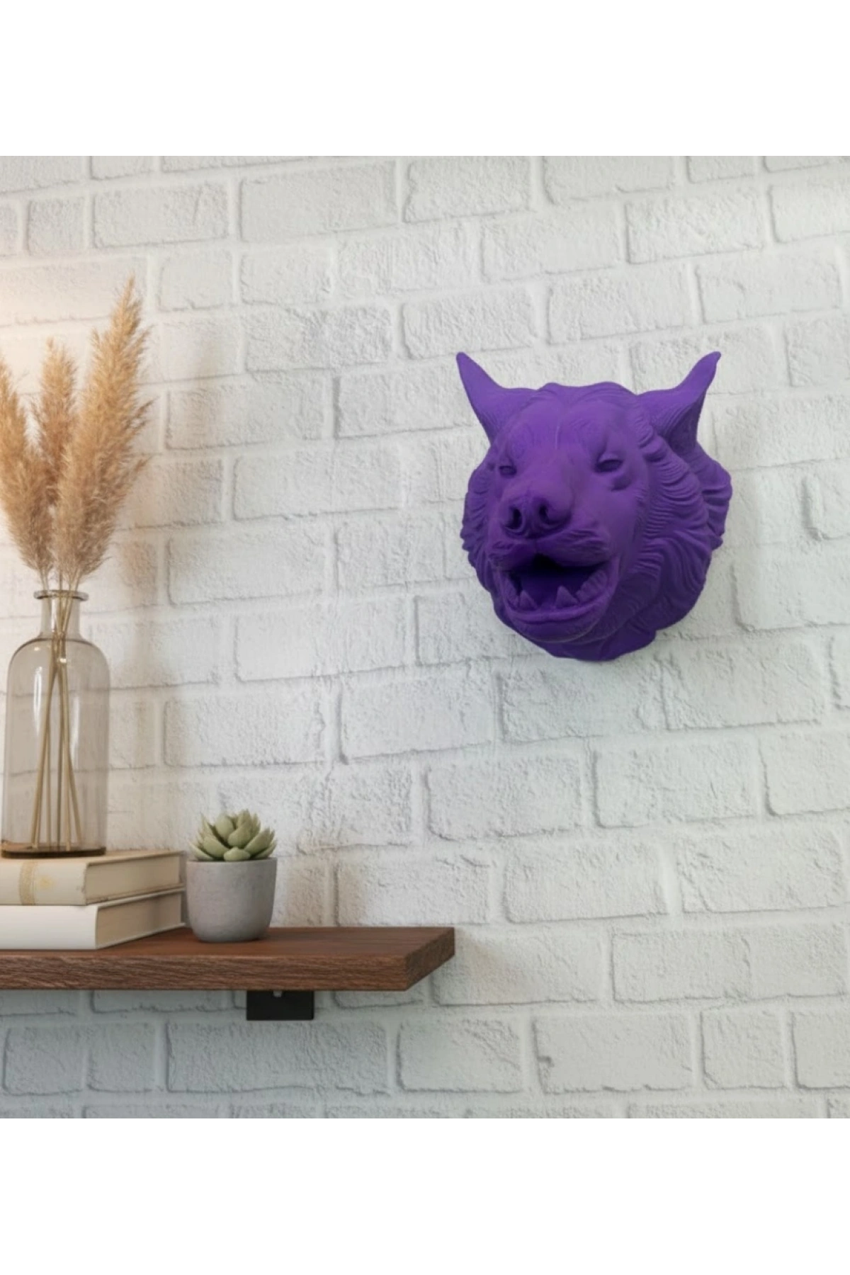 Mor Renk 3D Kurt Başı Duvar Dekoru Asılabilir Maskot Heykel 25x19 cm
