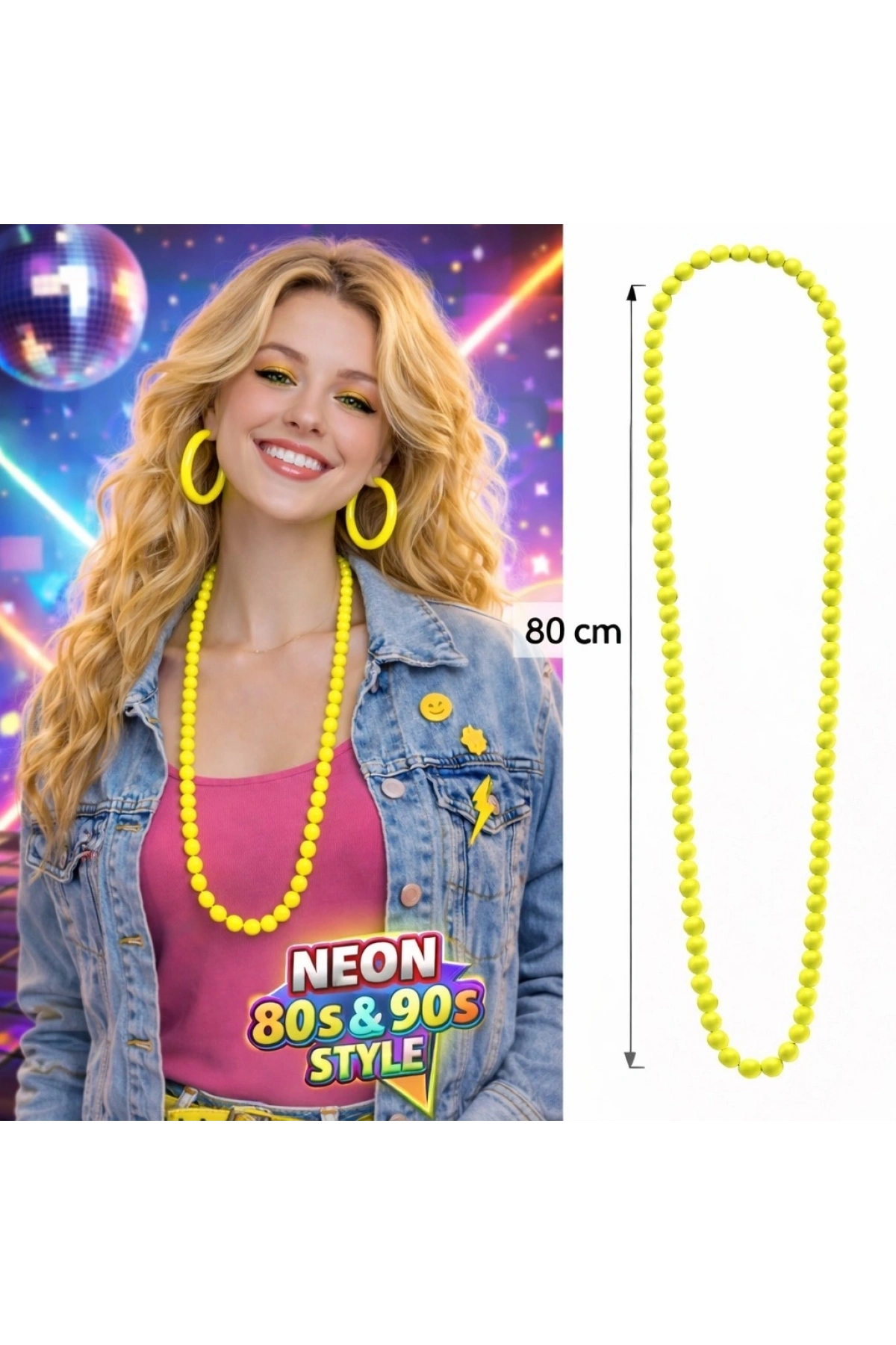 Neon Sarı Boncuk Kolye 80 cm – Retro 80’ler 90’lar Parti Aksesuarı (5047)