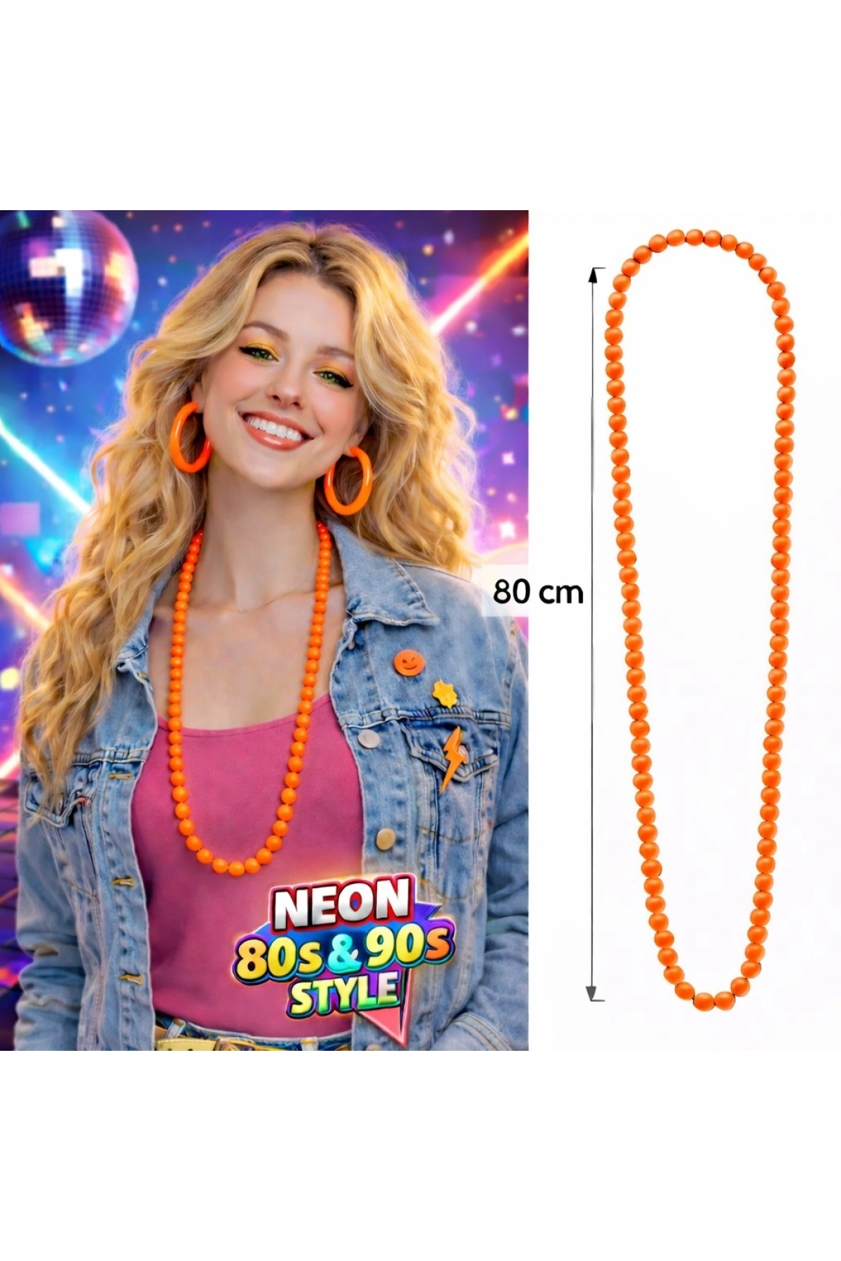 Neon Turuncu Boncuk Kolye 80 cm – Retro 80’ler 90’lar Parti Aksesuarı (5047)