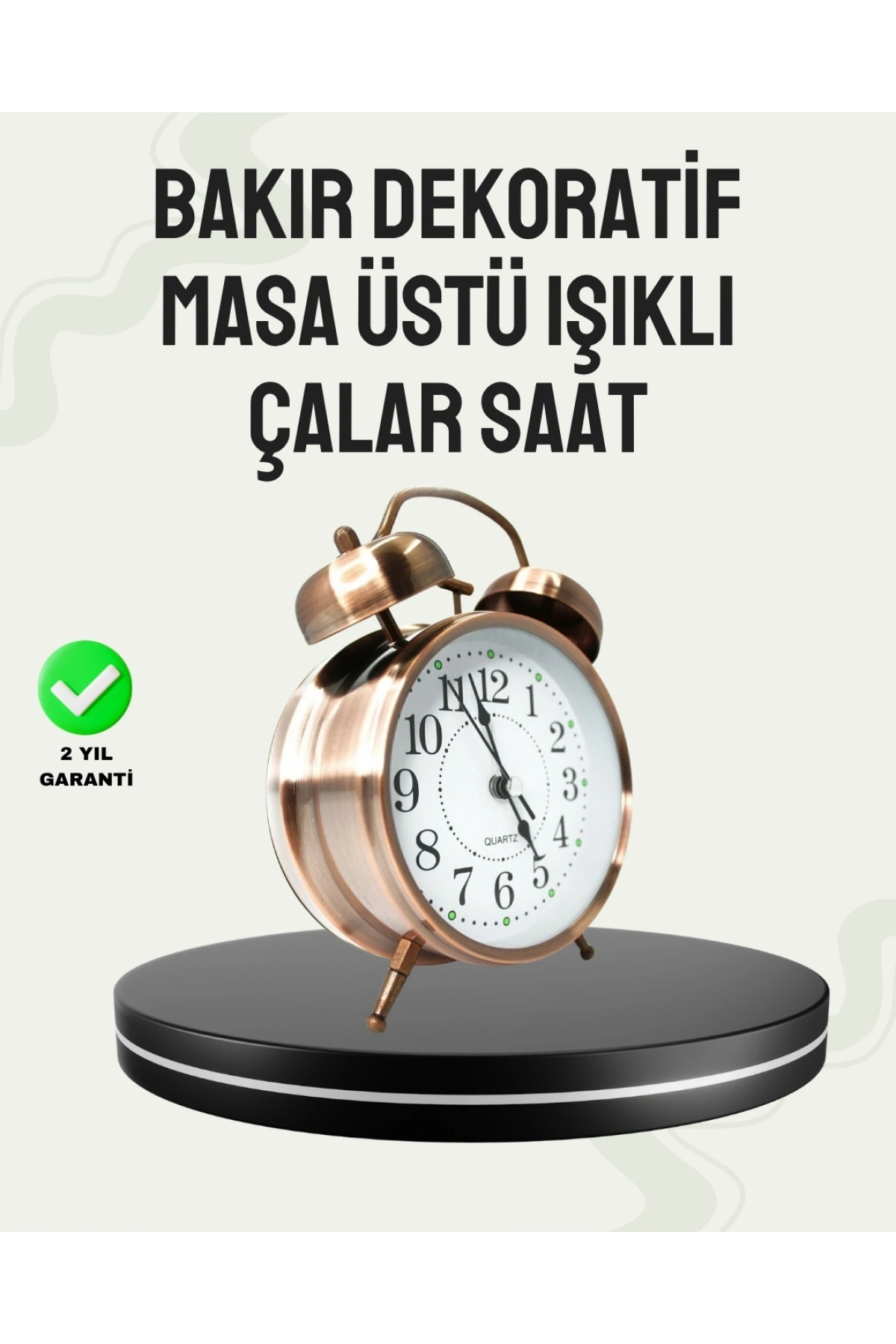 Nostaljik Büyük Boy Metal Masa Saati Bronz Kaplama ve Yüksek Sesli Alarm