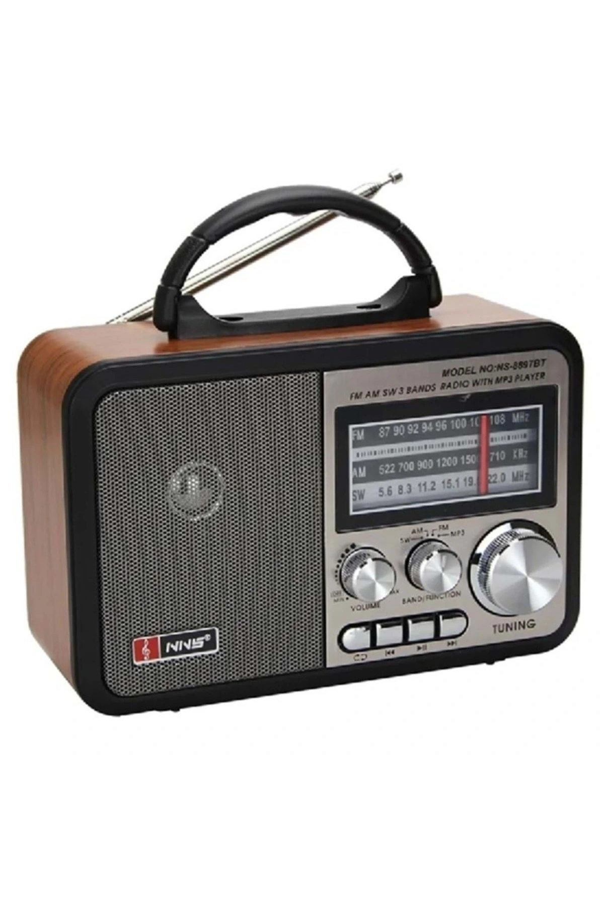 Orta Boy Retro, Nostaljik, Ahşap Tasarım Bluetooth Hoparlörlü, Şarjlı, Taşınabilir FM/AM Destekli Radyo NS-8897 (5047)