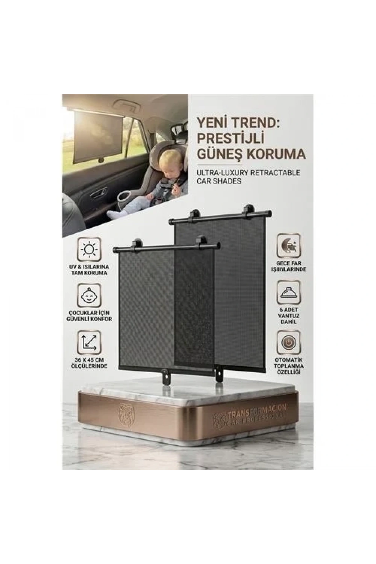 Otomatik Toplanır Araç Perdesi 2li Set | 36x45 Cm Vantuzlu Yan Cam Güneşliği 723080