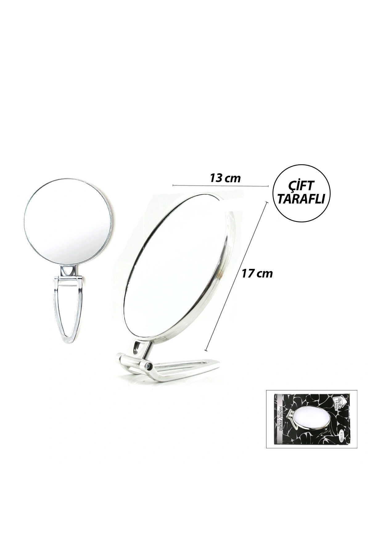 OVAL - GÜMÜŞ 6.5 INC=16.5X13CM MAKYAJ AYNASI ÇİFT TARAFLI KATLANIR AYAKLI (5047)