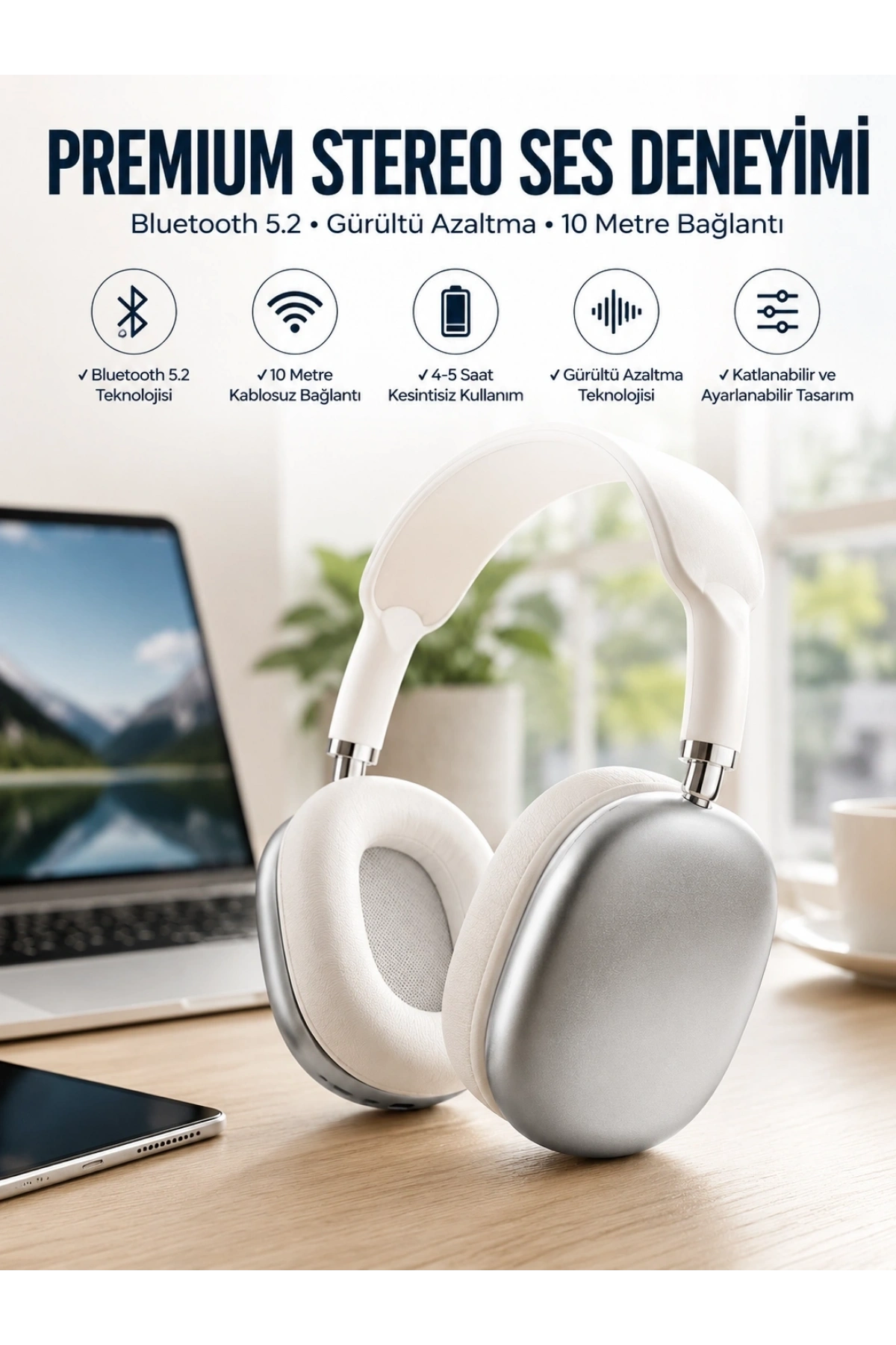P9 Plus Kablosuz Kulak Üstü Bluetooth Kulaklık Beyaz Yüksek Ses Kaliteli