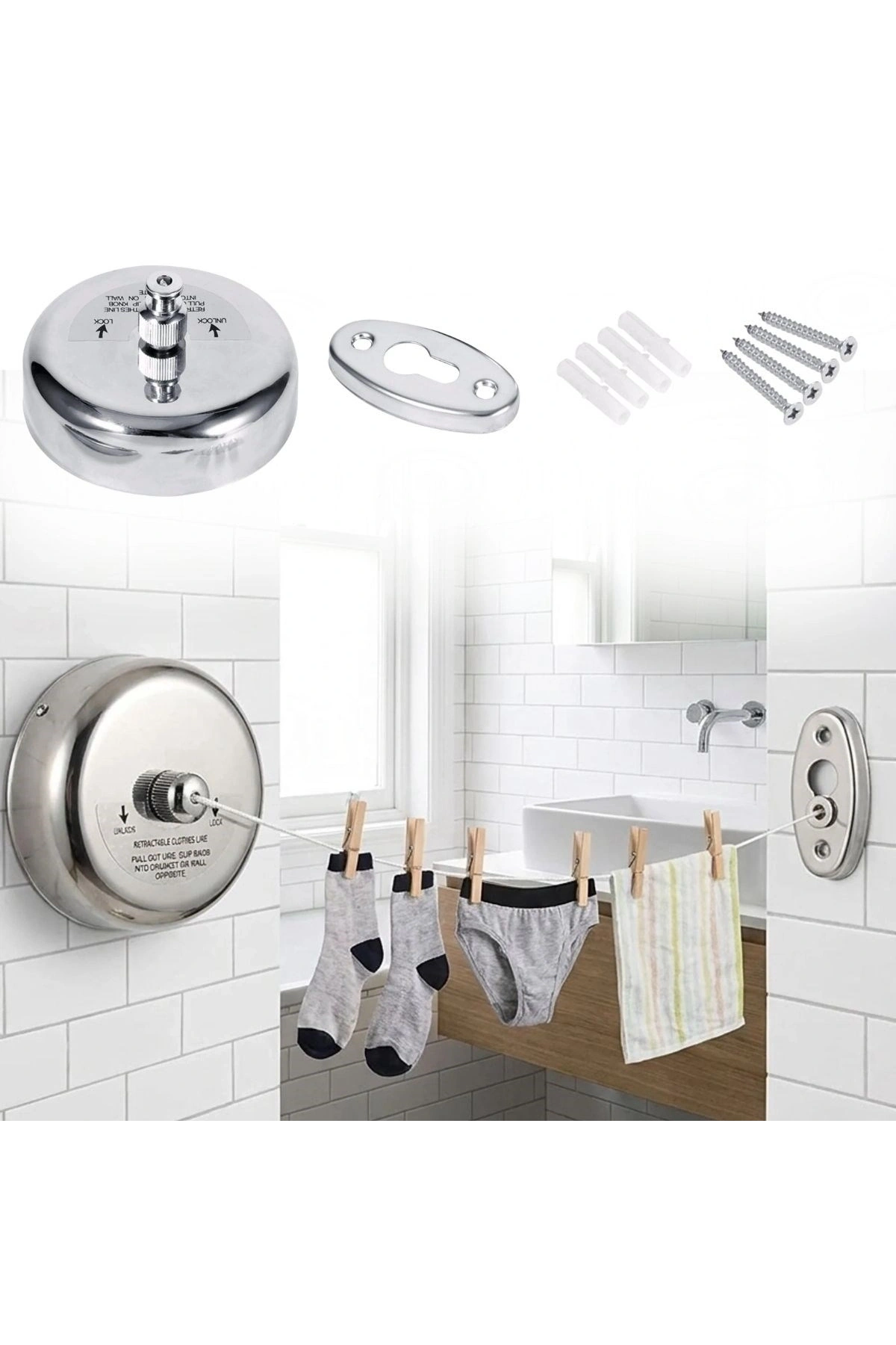 Paslanmaz Çelik Geri Çekilebilir Çamaşır İpi – Duvar Tipi Duvara Monte Banyo,Balkon,Bahçe Çamaşır Kurutma Askısı (5047)