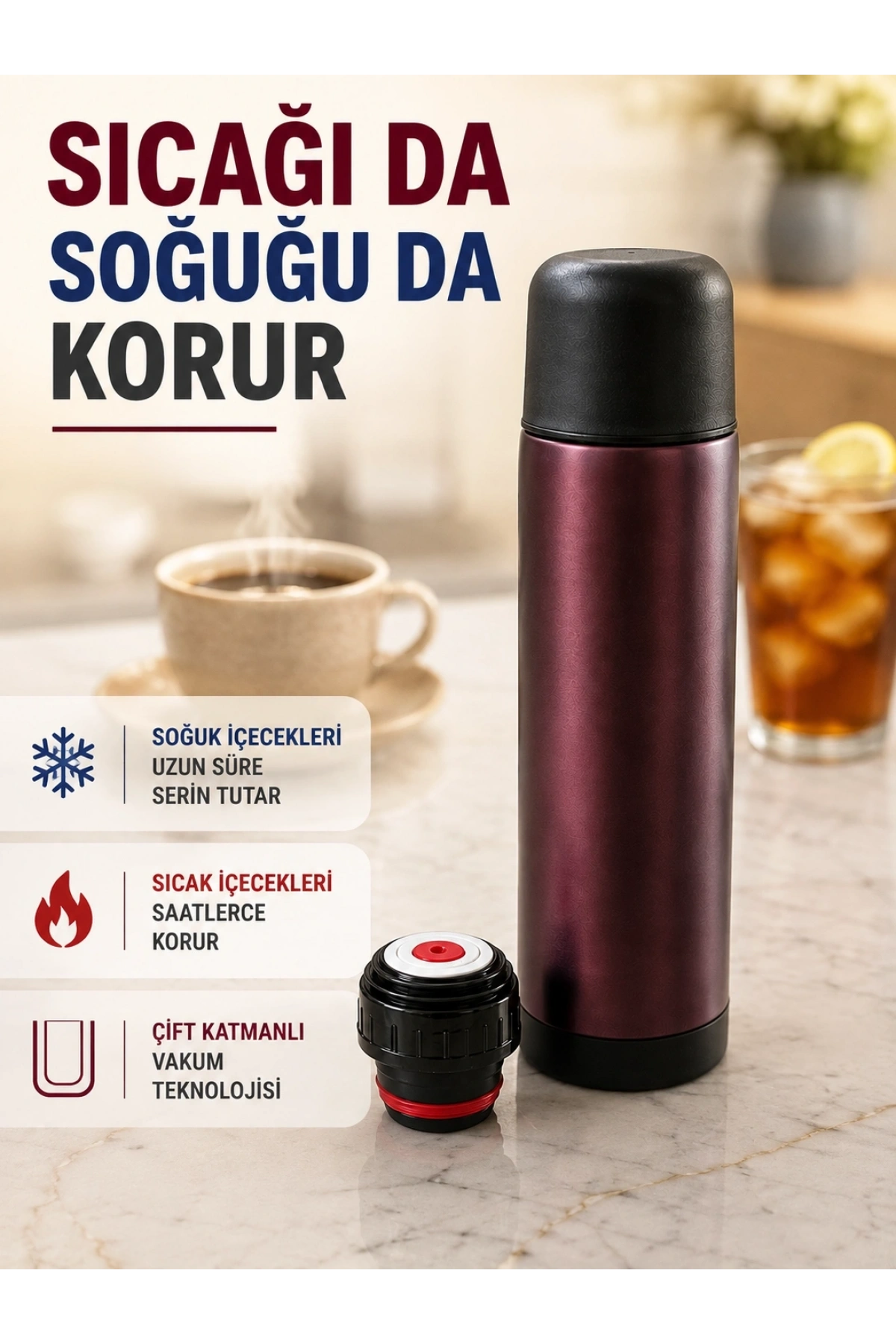 Paslanmaz Çelik Vakumlu Termos Sıcak ve Soğuk İçecek Termosu