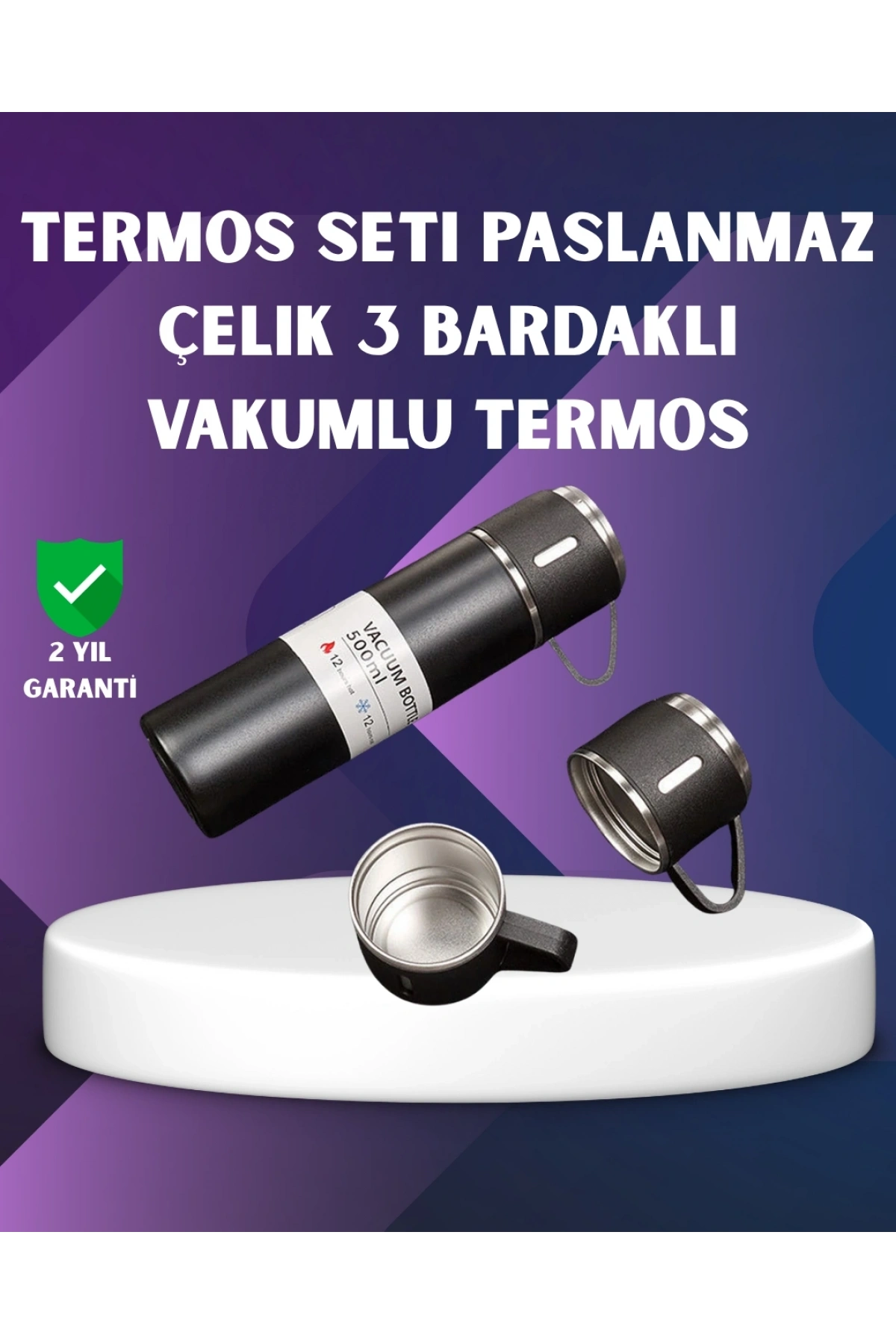 Paslanmaz Termos ve İkili Bardak Seti | 6-12 Saat Sıcak/Soğuk Tutma