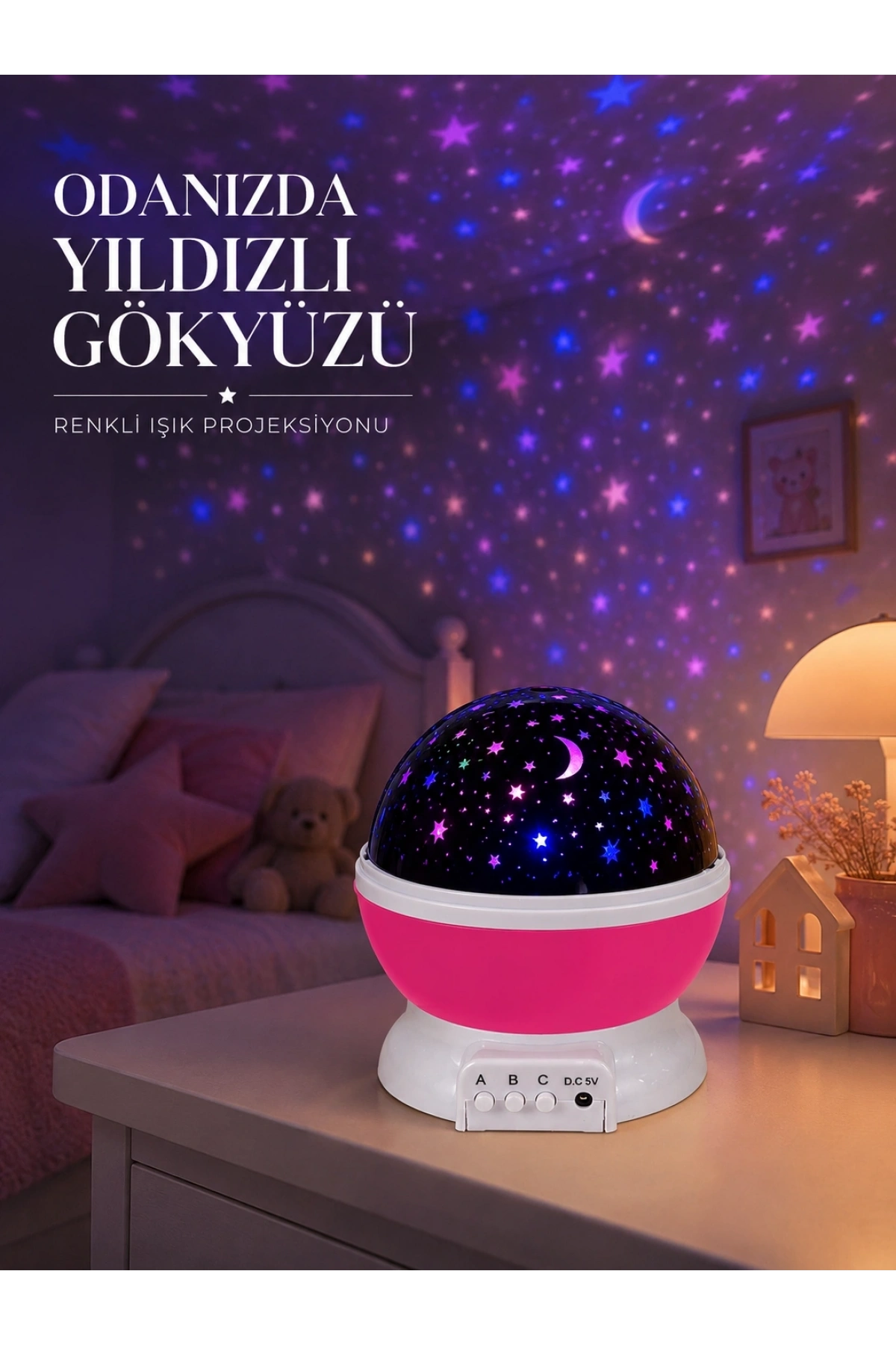 Pembe Döner Yıldız Projektörü USB ve Pilli Kullanımlı Gece Lambası