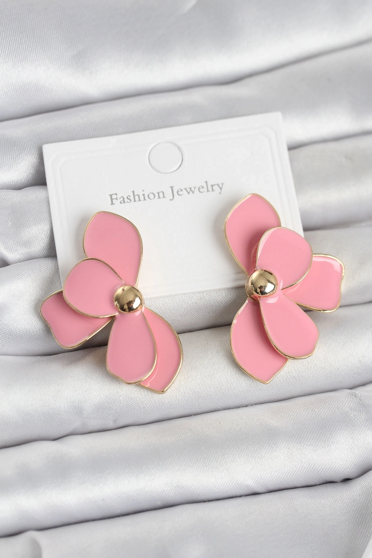 Pembe Mineli Lotus Model Pirinç Kadın Küpe