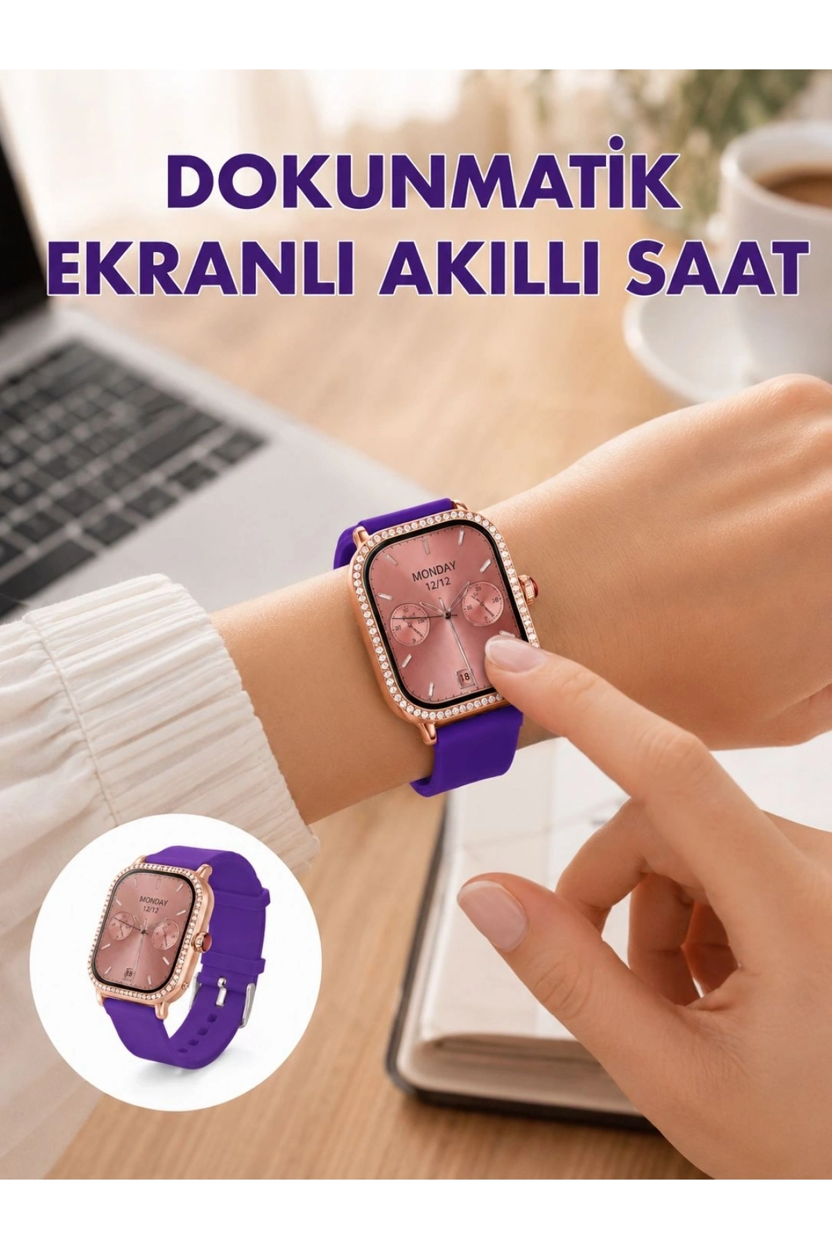 Pembe Mor ve Metal Kordonlu Akıllı Saat Hediye Seti