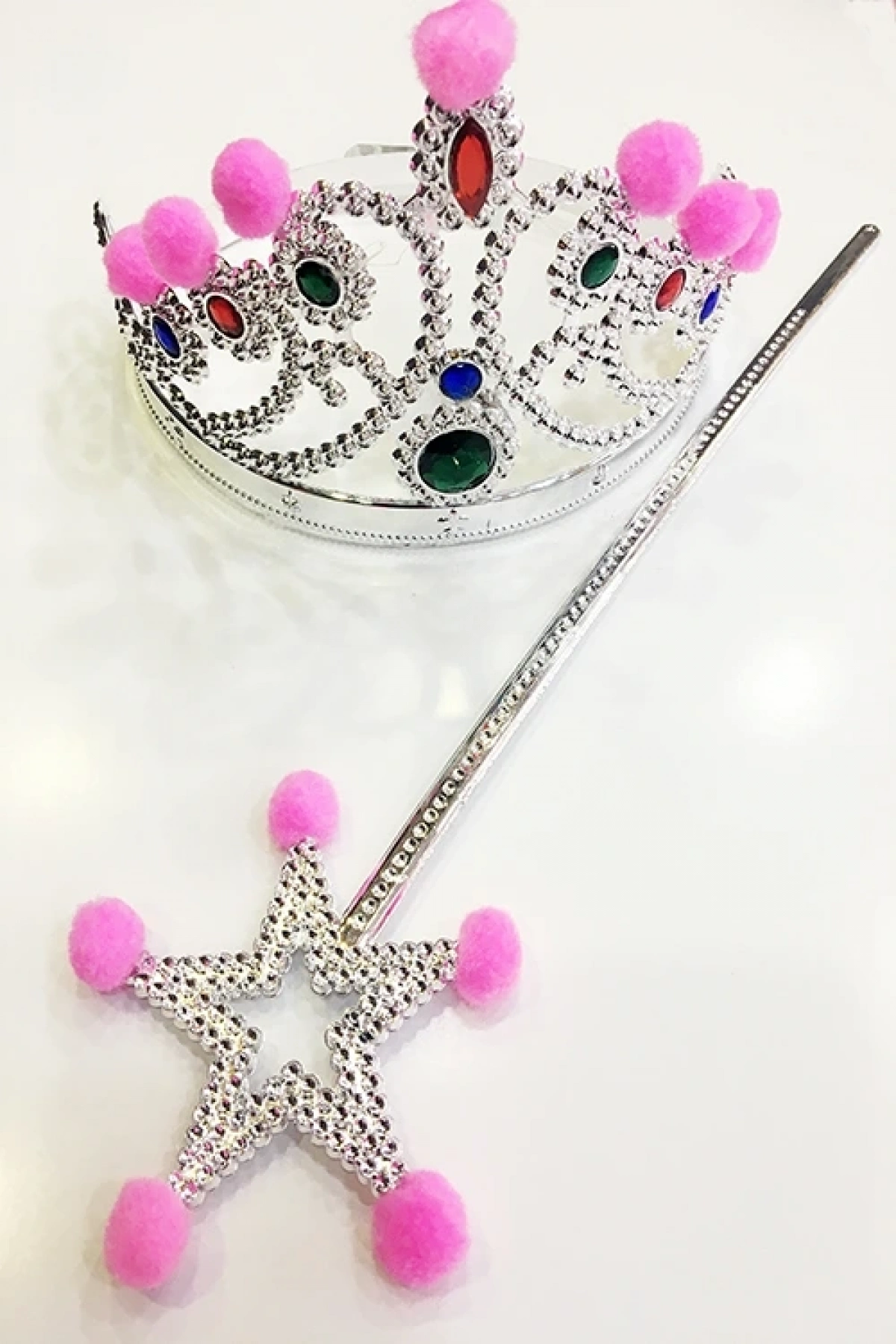 Pembe Ponponlu Gümüş Renk Prenses Tacı ve Gümüş Renk Prenses Asası (5047)