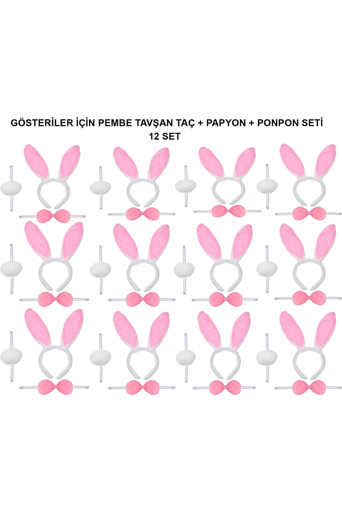 Pembe Tavşan Kostüm Seti – Taç, Papyon, Ponpon (12’li Paket) (5047)