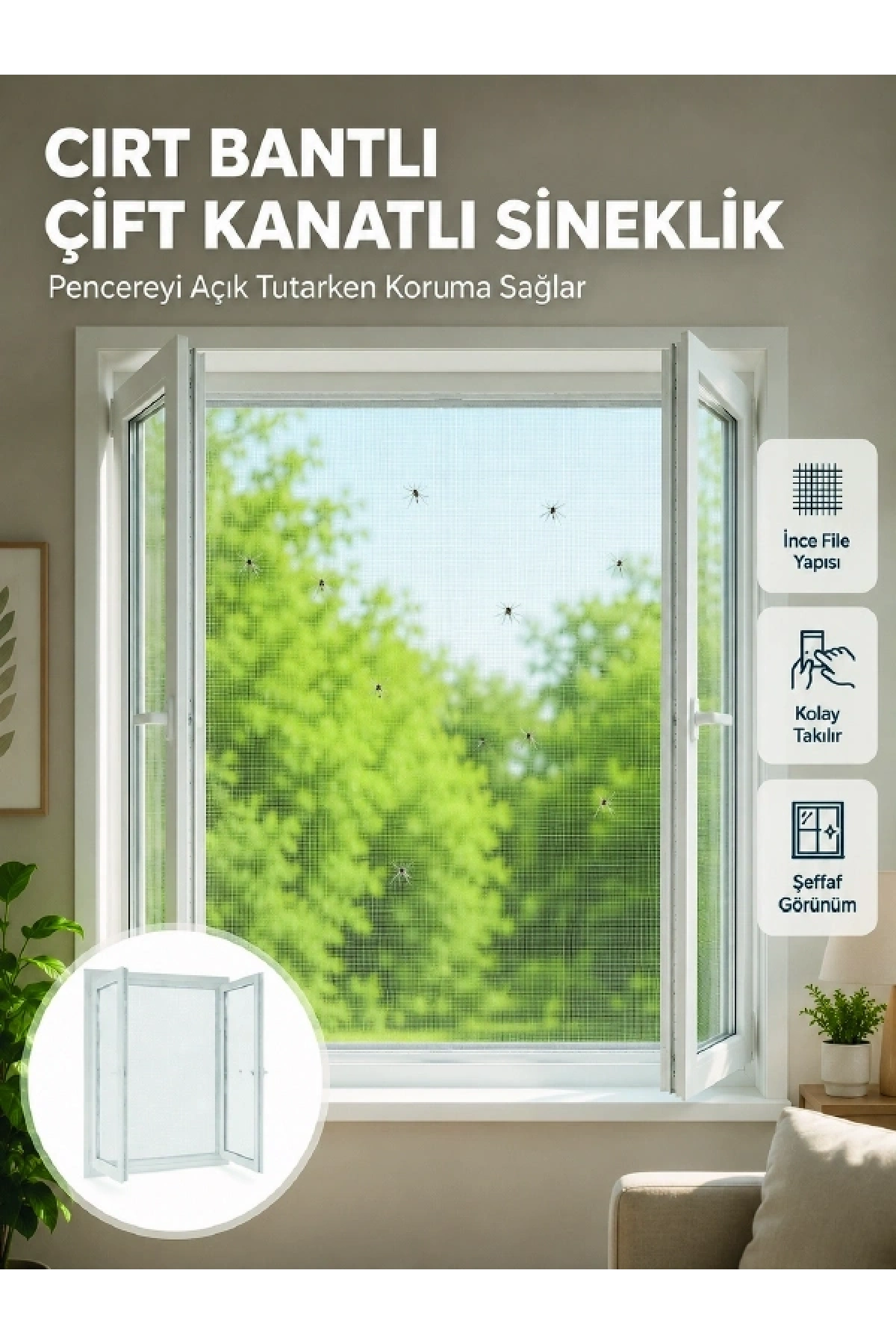 Pencere ve Balkon İçin Çift Kanatlı Sinek Koruma Sinekliği