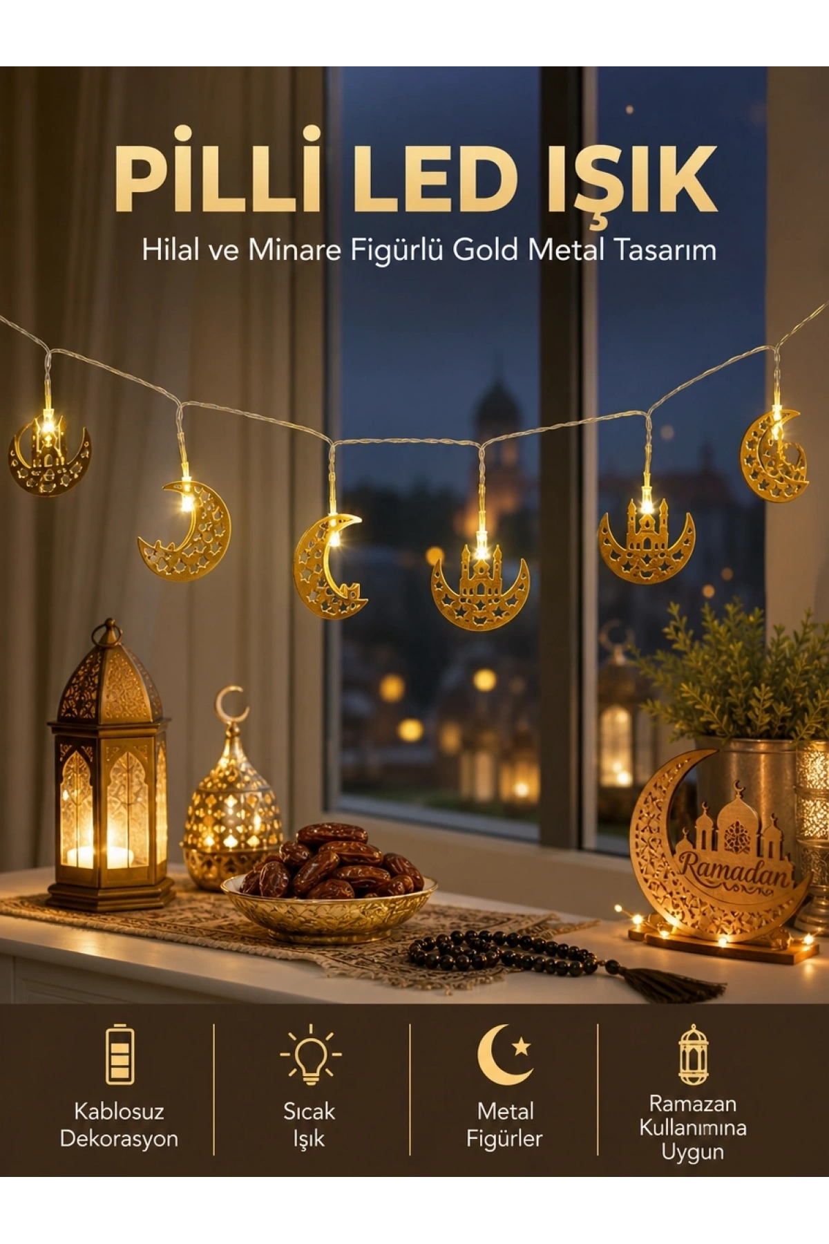 Pilli Minareli Hilal LED Işık Gold Metal Ramazan Dekorasyonu