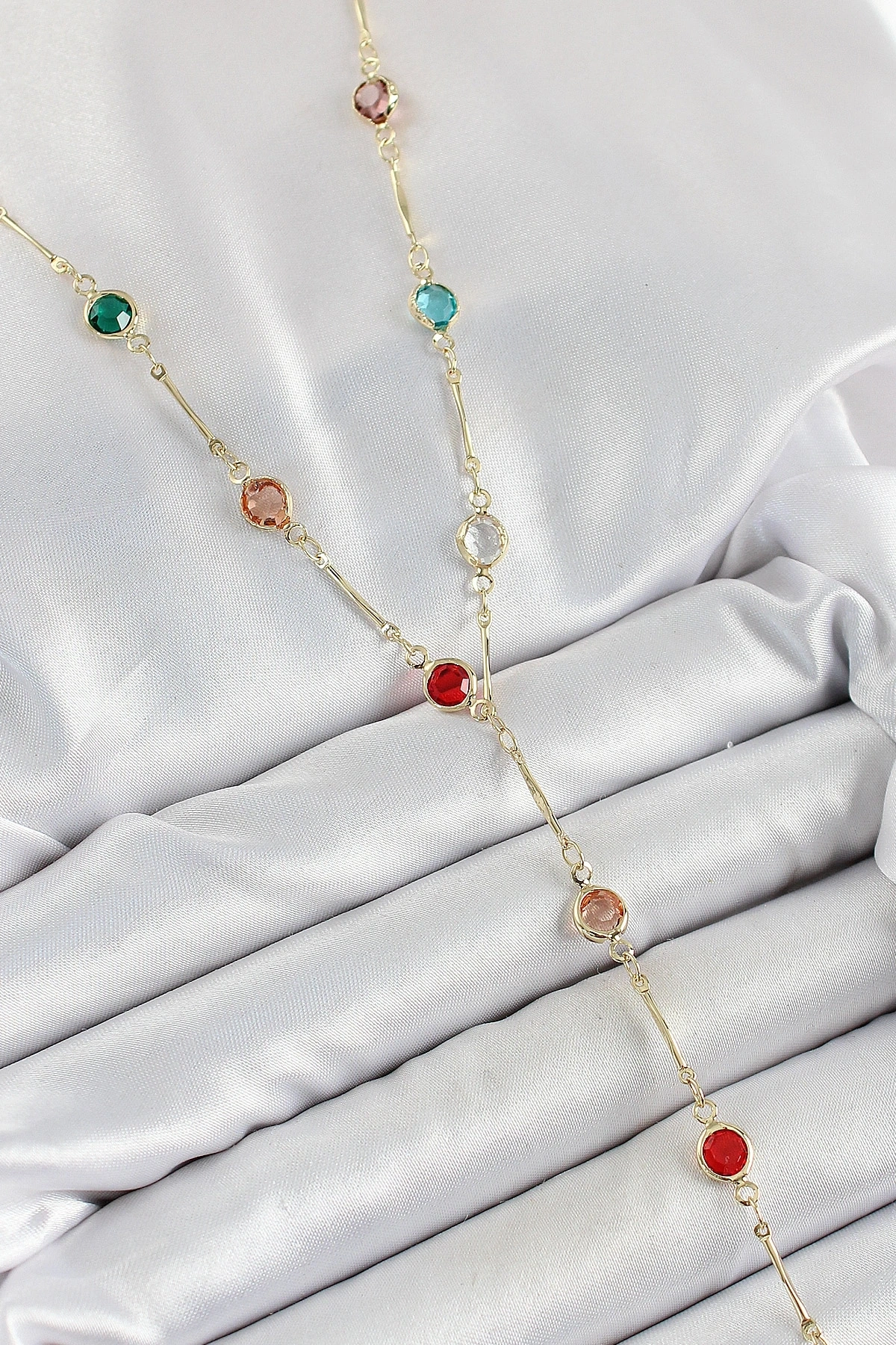 Pirinç Asorti Model Gold Renk Zirkon Taşlı Y Kolye