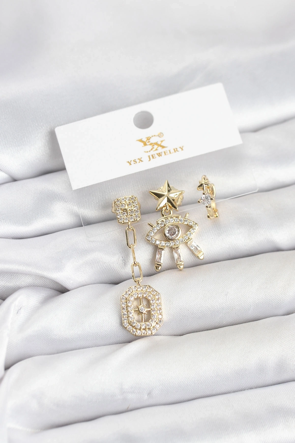 Pirinç Gold Renk Göz ve Kutup Yıldızı Model YSX Trio Küpe Seti