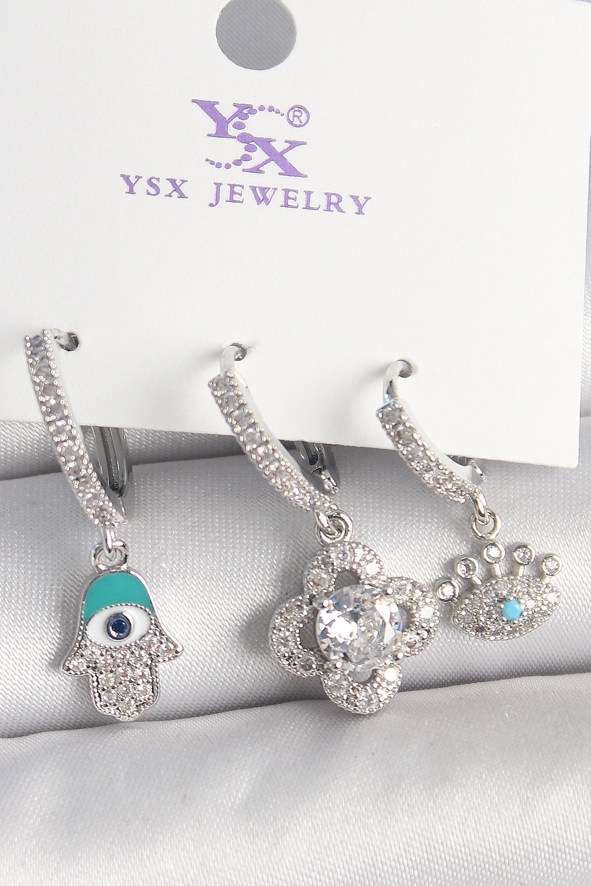 Pirinç Gümüş Renk Zirkon Taşlı Fatma Ana Yonca Figür Göz Detay 3Lü Kadın Kombin Küpe