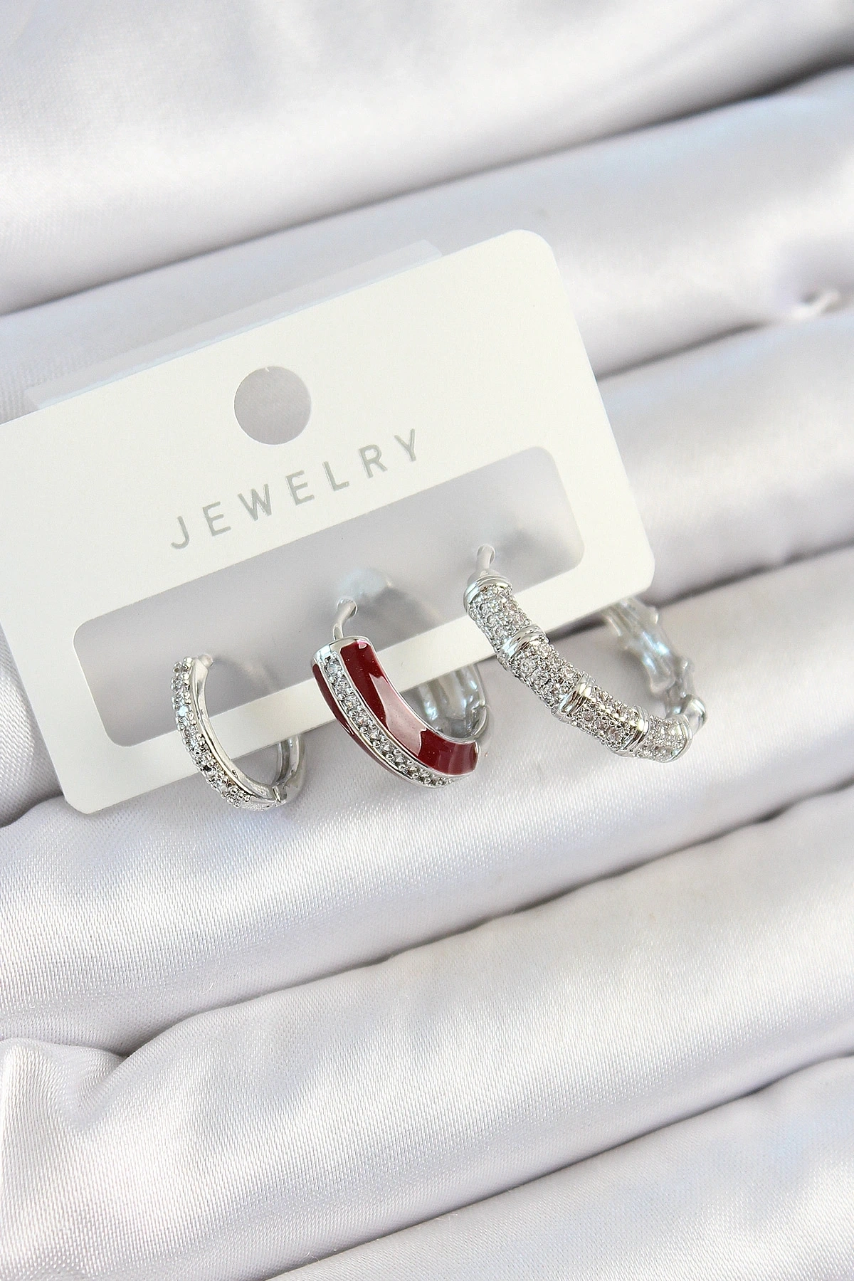 Pirinç Zirkon Taşlı Bordo Pembe Halka Model Gümüş Renk 3lü Çift Kadın Küpe Set