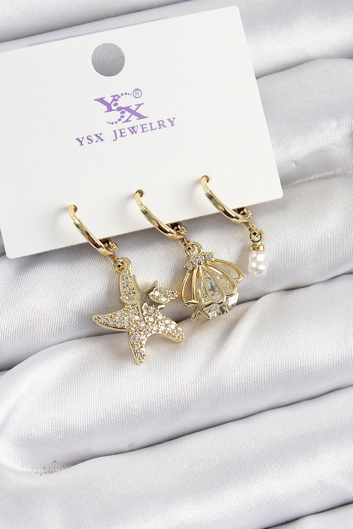 Pirinç Zİrkon Taşlı Deniz Yıldızı Ve İstiridye Model Gold Renk 3lü Kadın Küpe