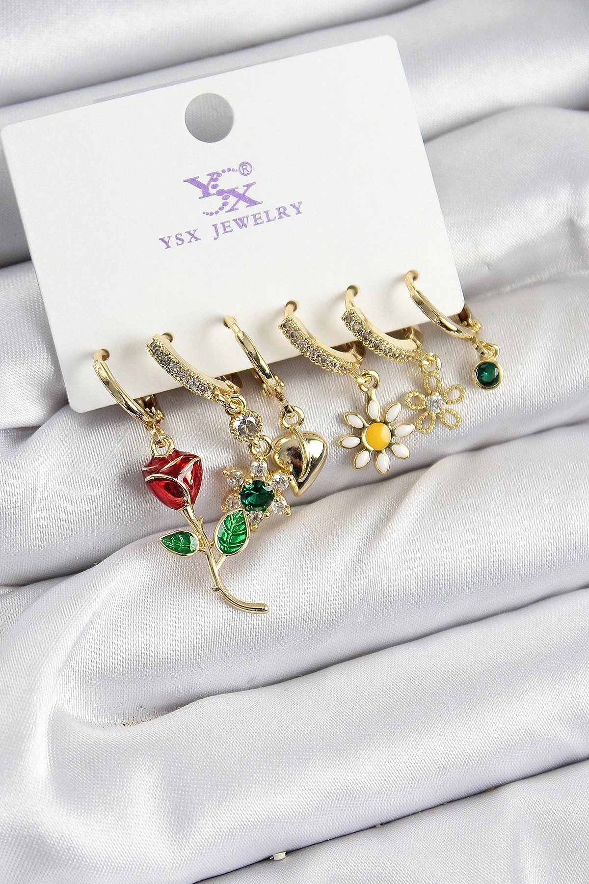 Pirinç Zİrkon Taşlı Gül Ve Papatya Model Gold Renk 3lü Çift Kadın Küpe