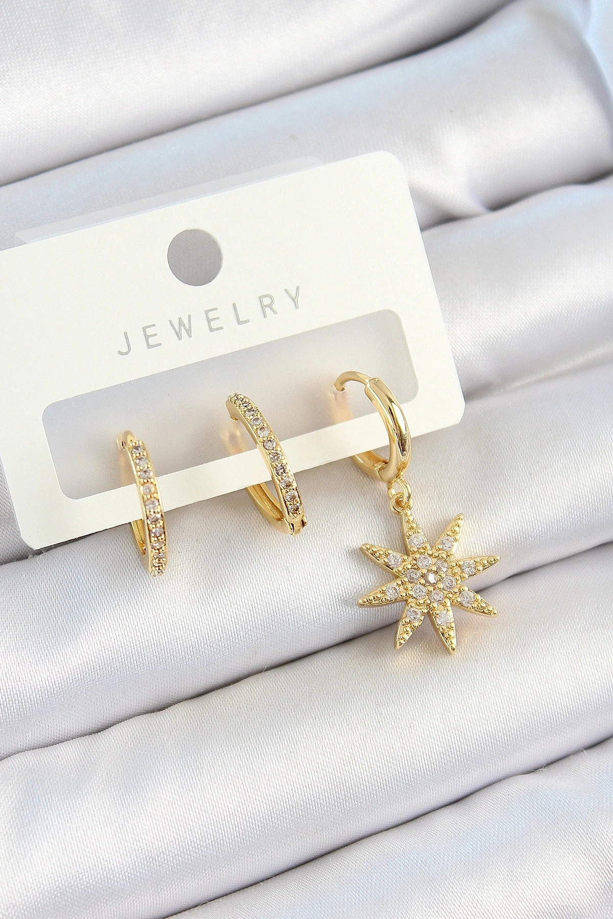 Pirinç Zirkon Taşlı Kutup Yıldızı Model Gold Renk 3lü Çift Kadın Küpe Set