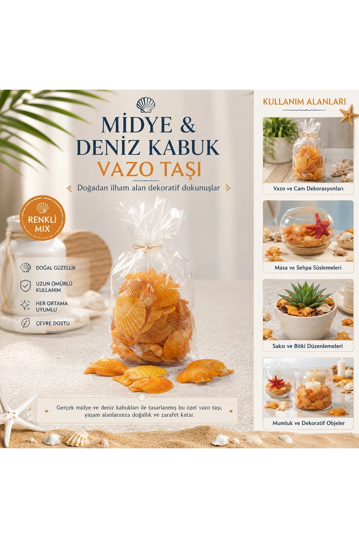 POŞETLİ RENKLİ MİX MİDYE - DENİZ KABUK VAZO TAŞI (5047)