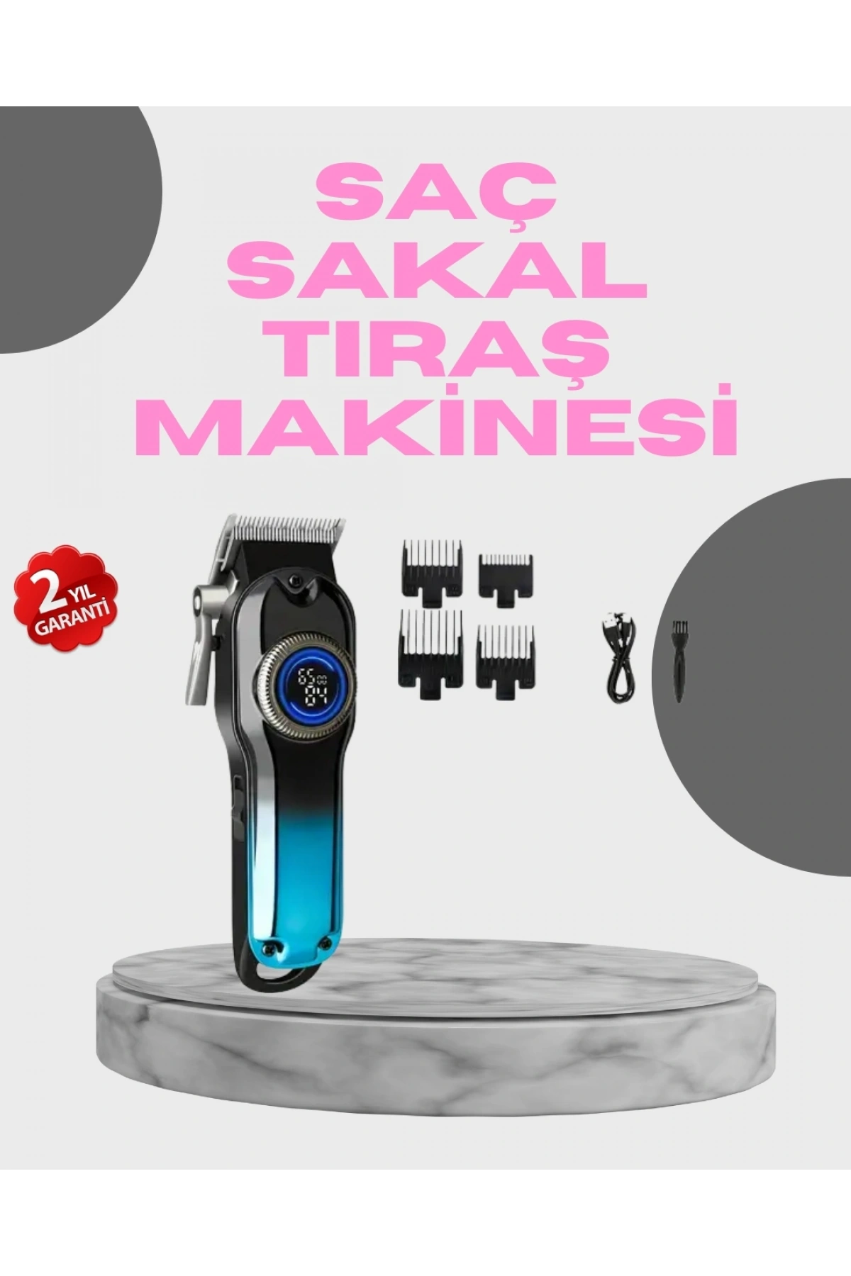 Profesyonel Saç Kesme Makinesi – 2000 mAh Şarjlı, LCD Ekranlı