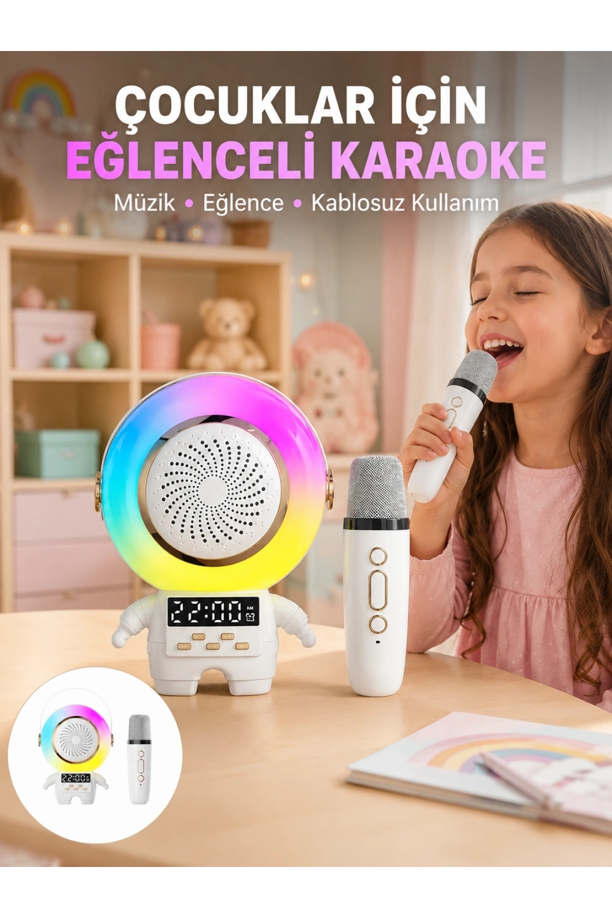 Renkli Işıklı Astronot Mini Bluetooth Speaker ve Karaoke Mikrofon