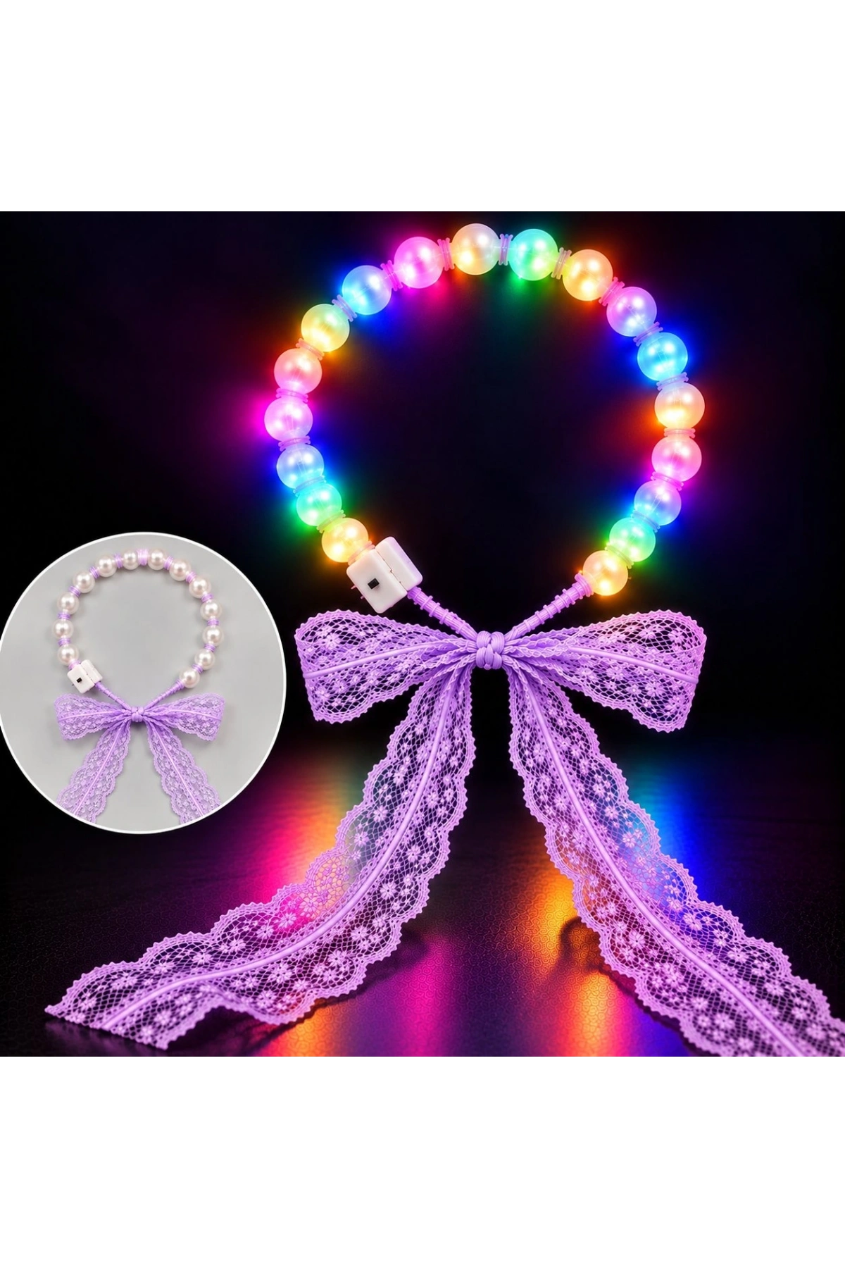 Renkli Işıklı İnci Taç 3 Modlu – Mor Dantelli (5047)
