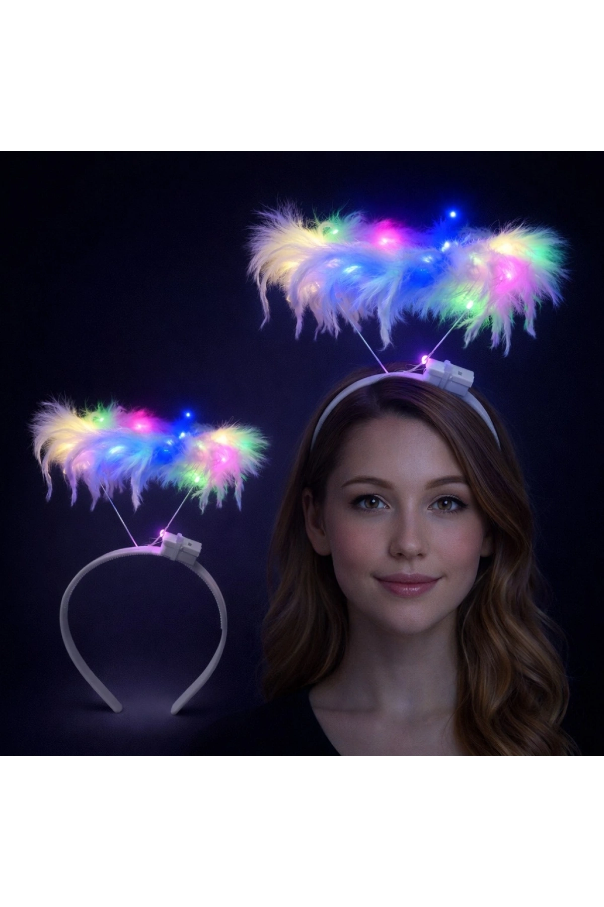Renkli LED Işıklı Beyaz Tüylü Püsküllü Parti Tacı (5047)