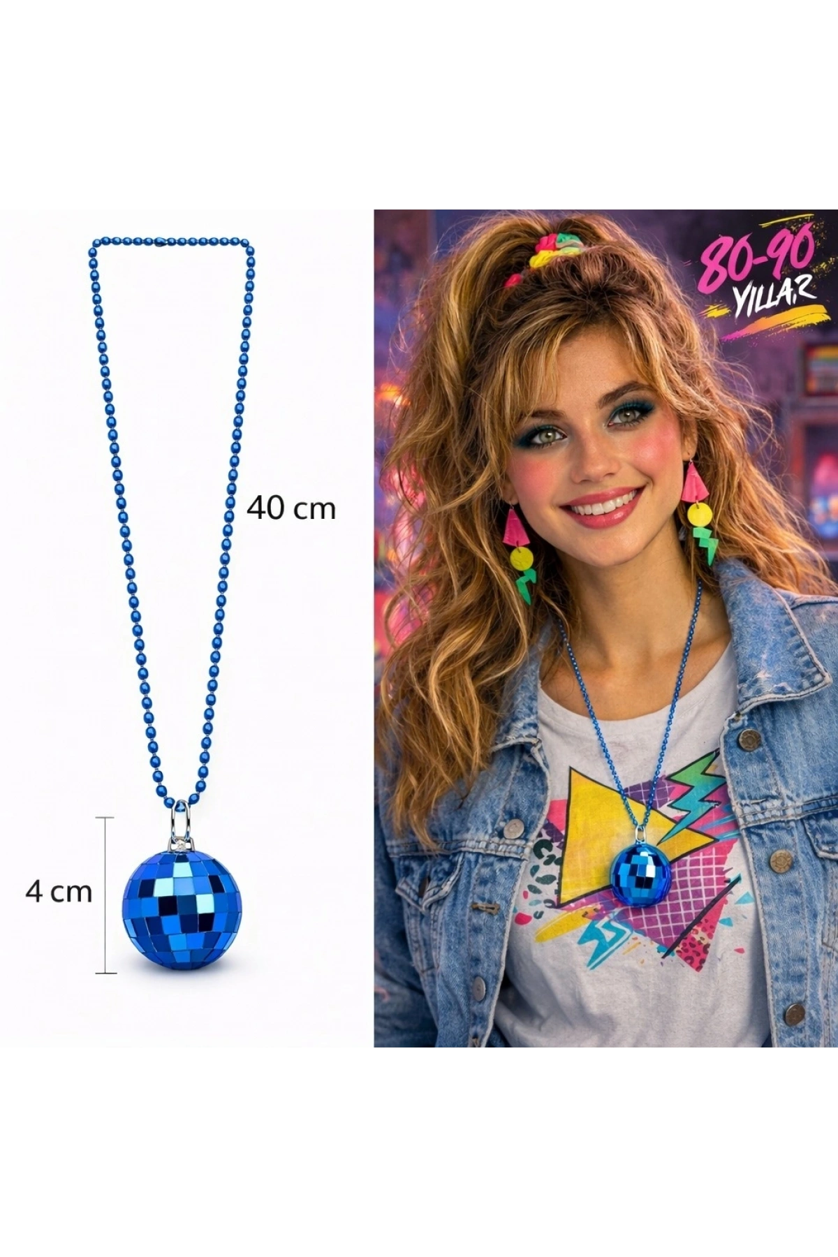 Retro Disko Topu Şekilli 80'ler 90'lar Mavi Renk Plastik Kolye (5047)