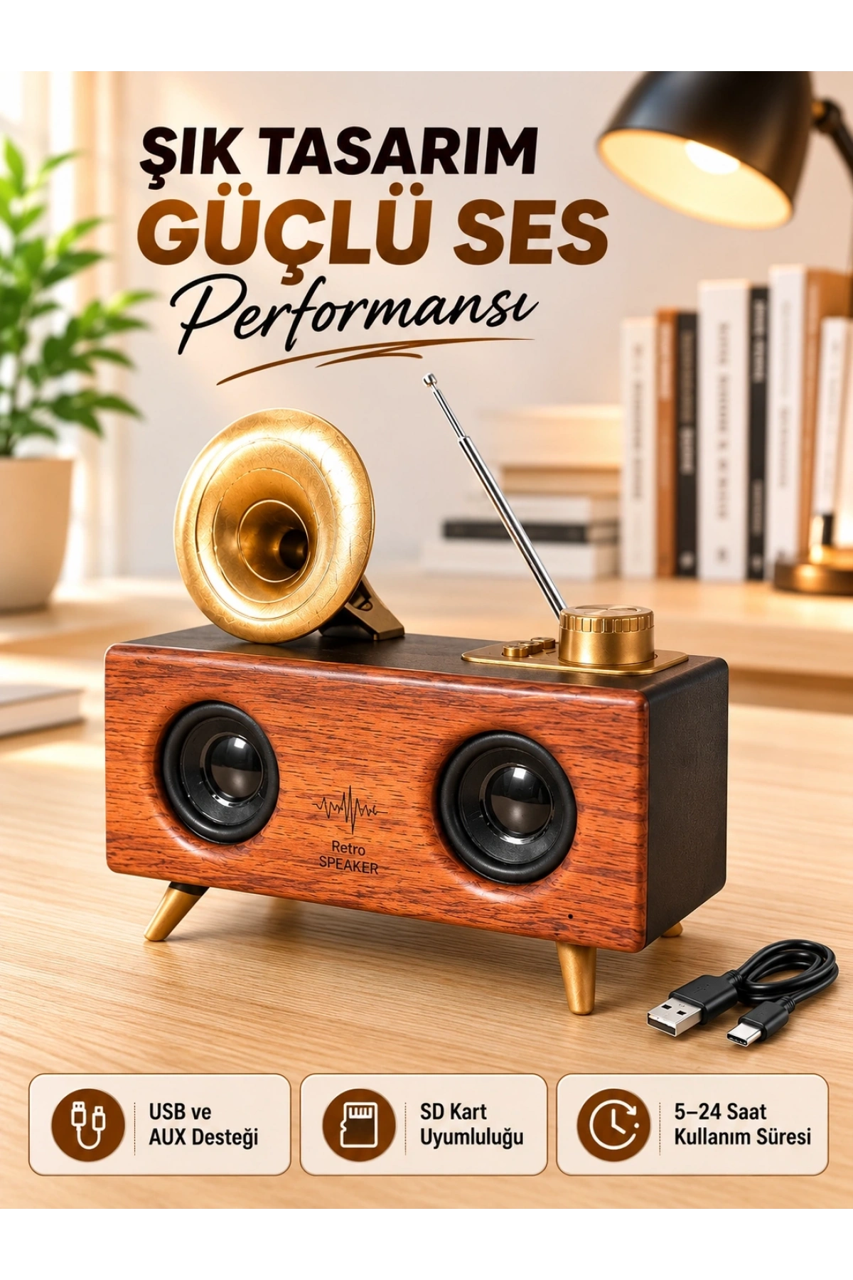 Retro Gramofon Tasarımlı Bluetooth Hoparlör – 3D Stereo Ses, 1800 mAh Batarya
