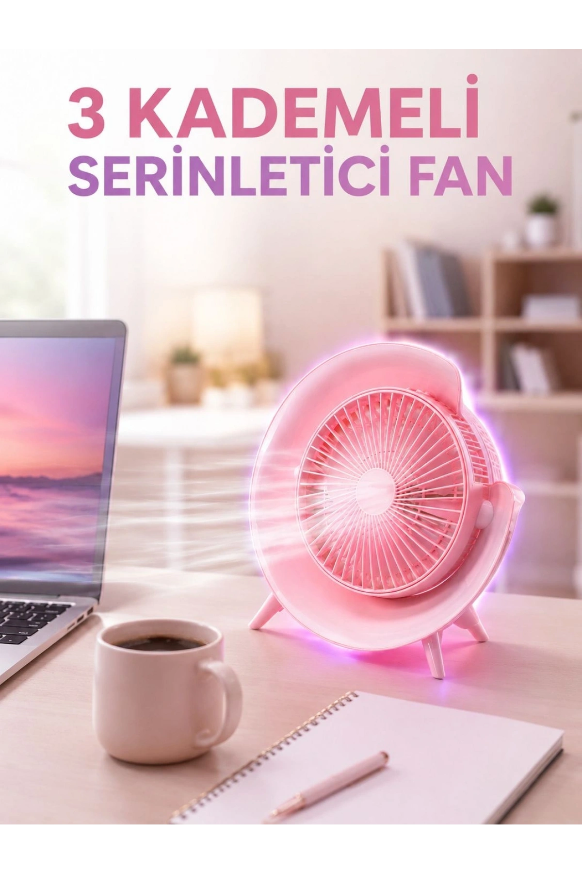 RGB Işıklı 3 Kademeli USB Şarjlı Masaüstü Vantilatör