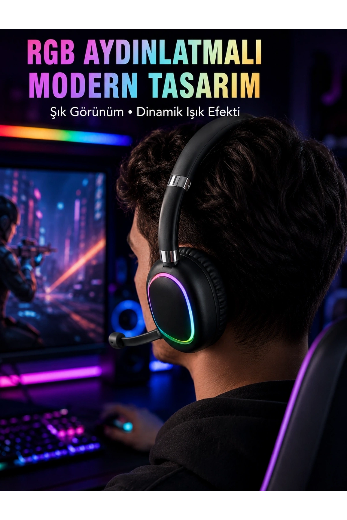 RGB Işıklı Bluetooth Mikrofonlu Kulaklık Uzun Süreli Kullanım Type-C Şarjlı