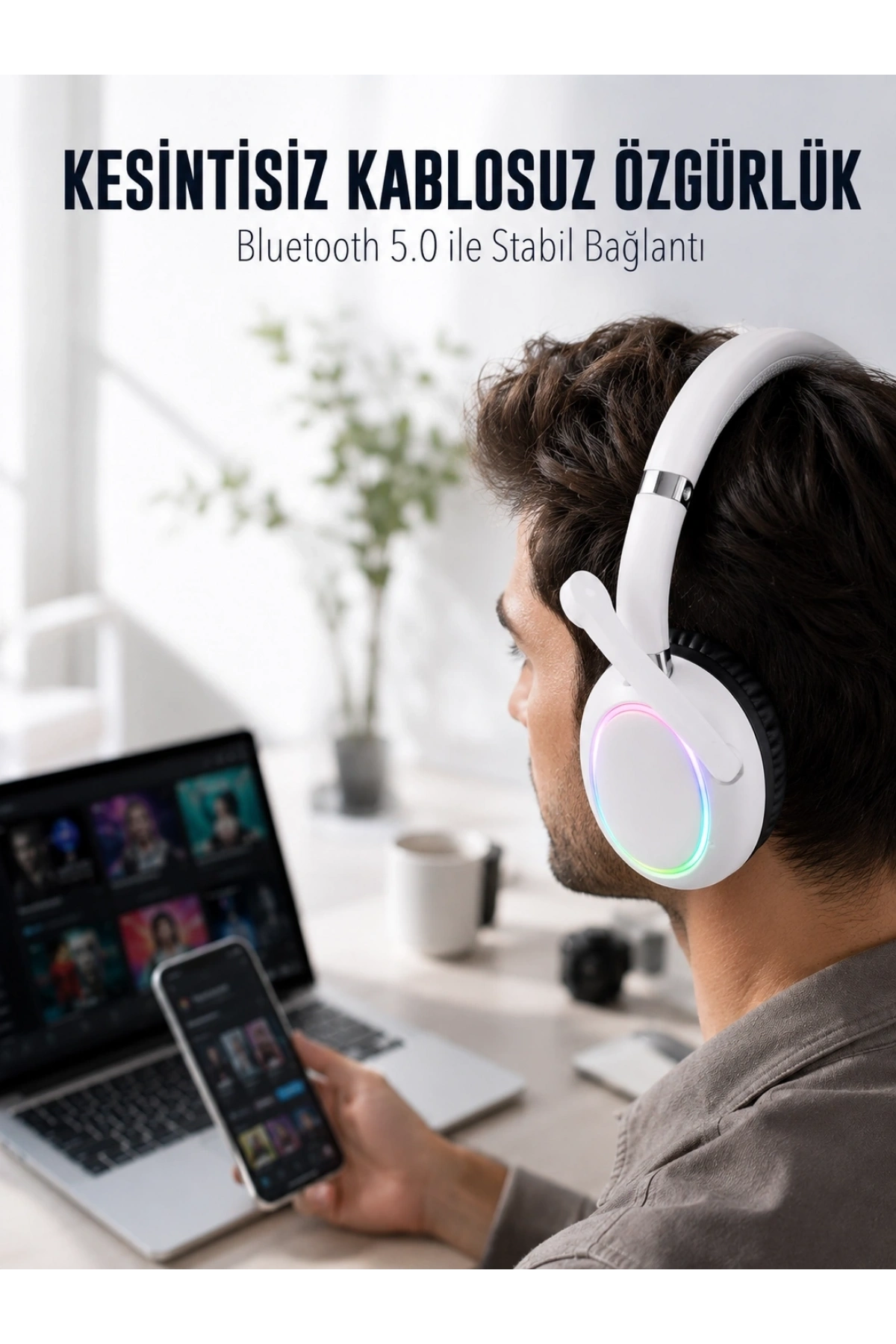 RGB Işıklı Mikrofonlu Bluetooth Kulaklık Beyaz Over-Ear Tasarım Type-C Şarjlı