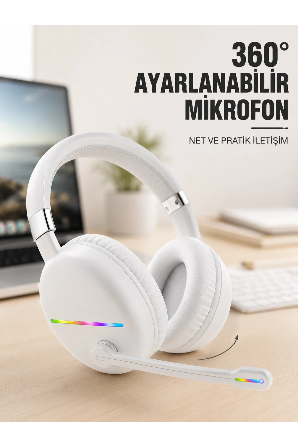 RGB Işıklı Mikrofonlu Bluetooth Kulaklık Beyaz Over-Ear Tasarım Type-C Şarjlı