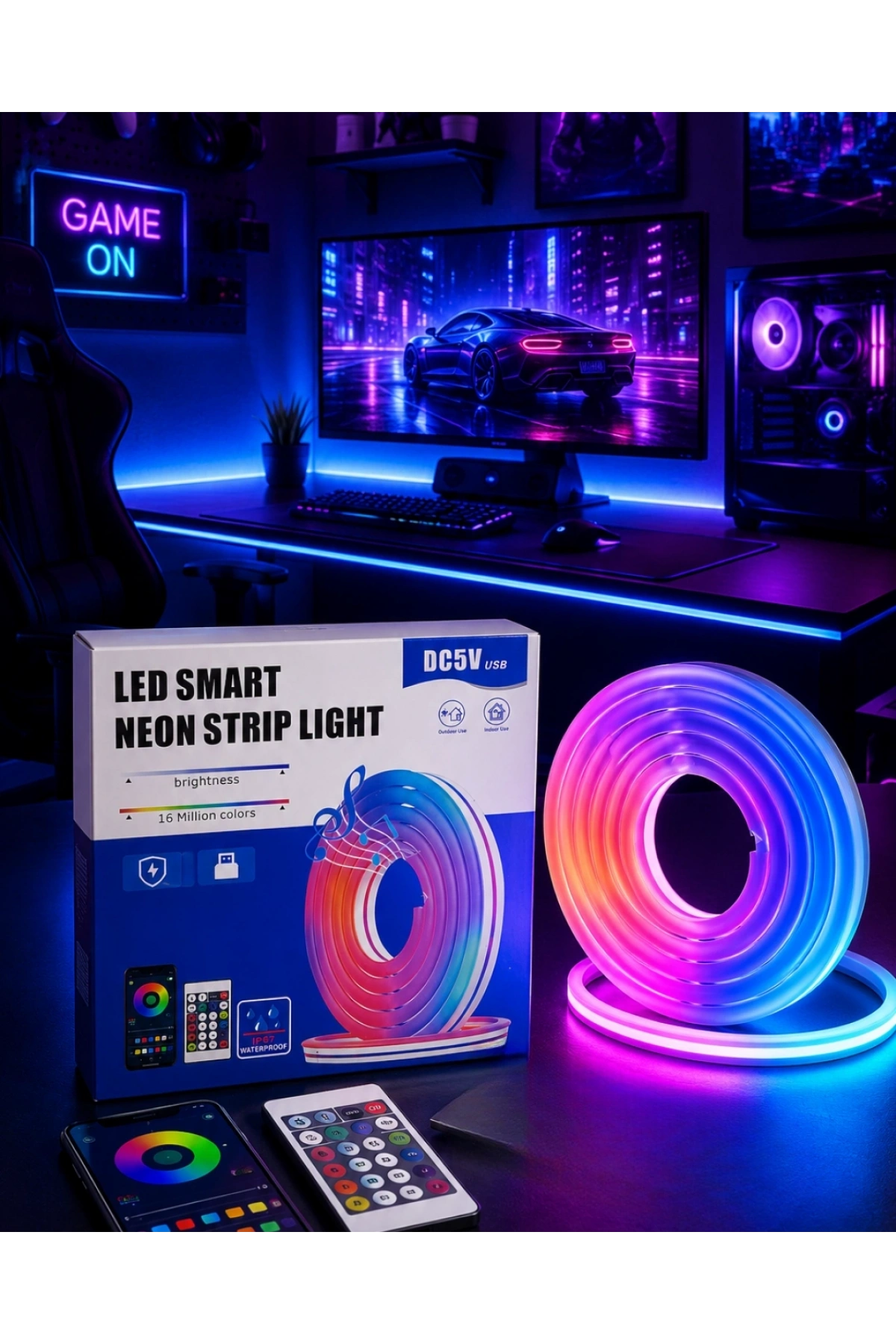 RGB Neon Led Şerit Işık Kumandalı USB Girişli Su Geçirmez Şerit Led