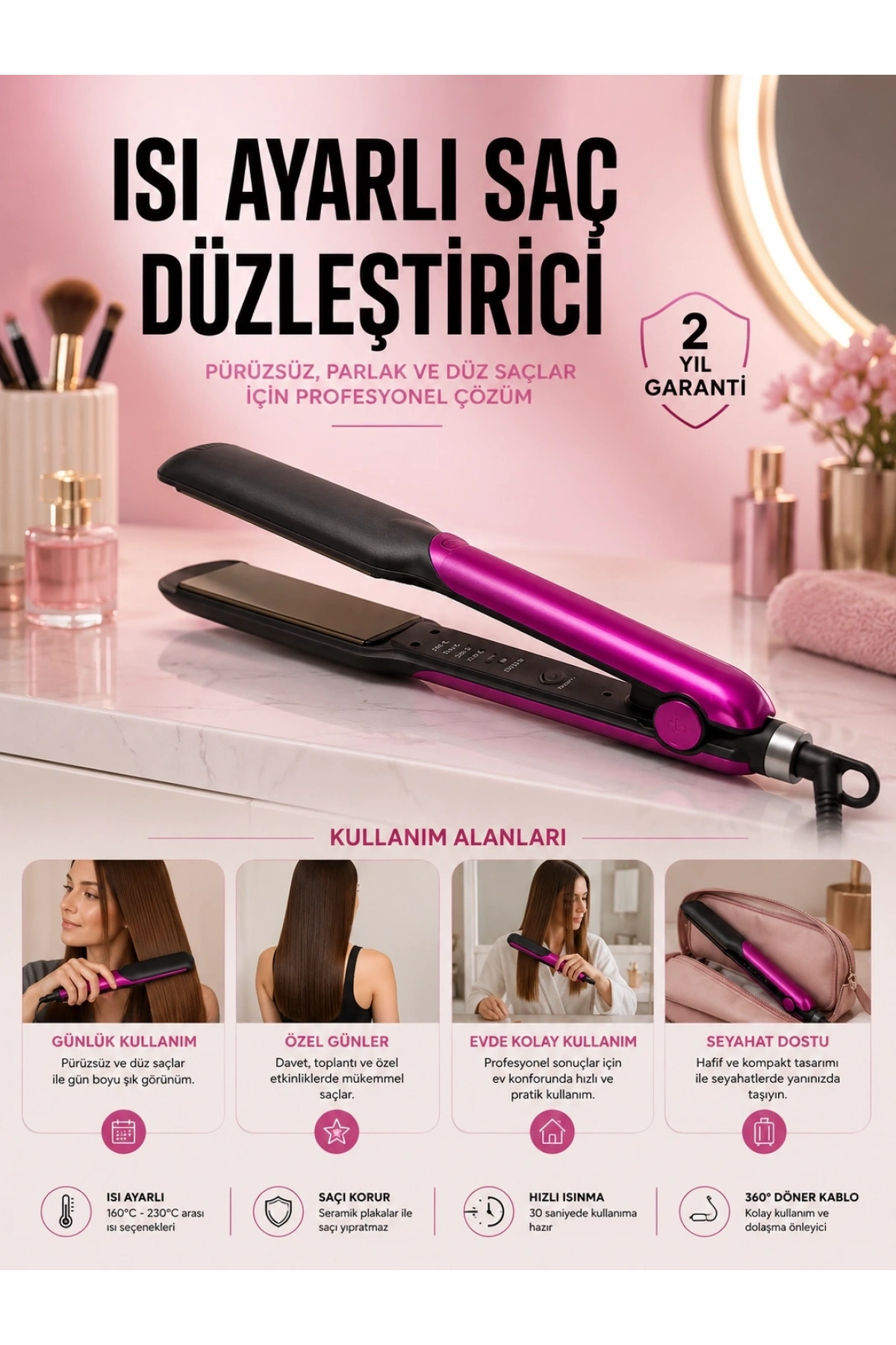Saç Düzleştirici Isı Ayarlı Seramik Kaplama Döner Kablo Yıpranma Karşıtı